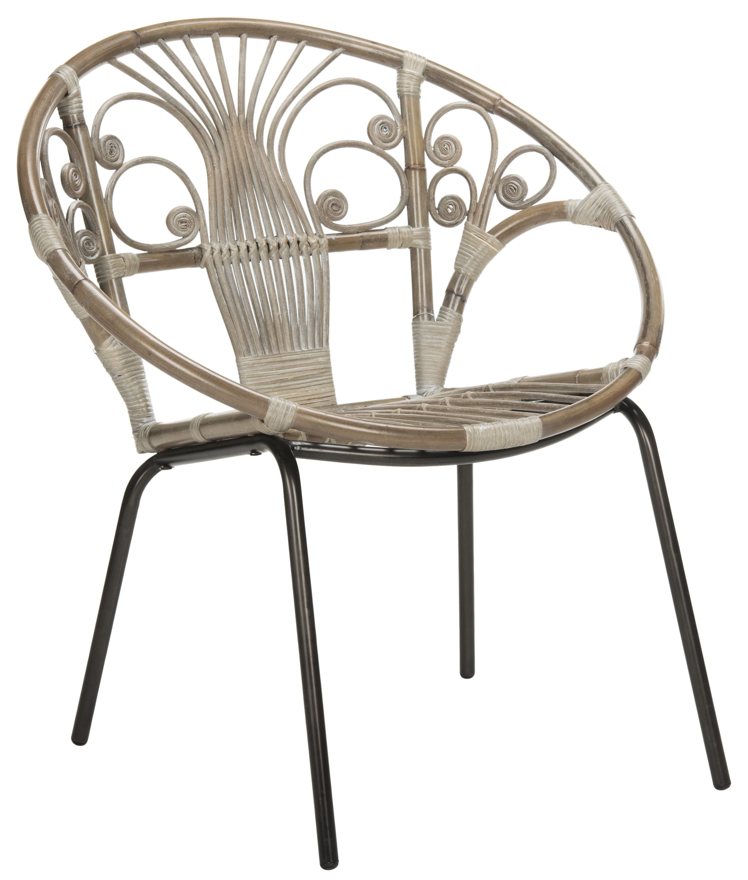 Transitional Grey Floral Rattan Accent Chair with Metal Legs