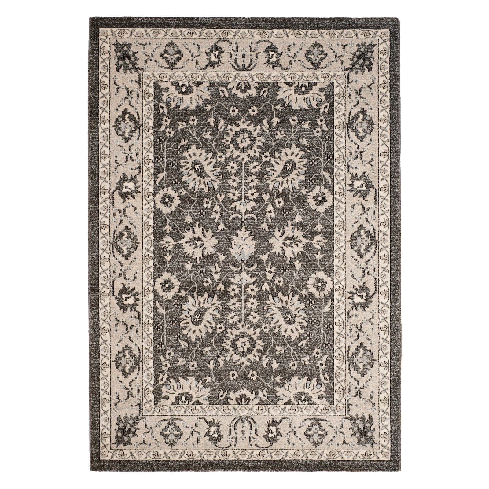 Gray and Beige Floral Motif Rectangular Area Rug