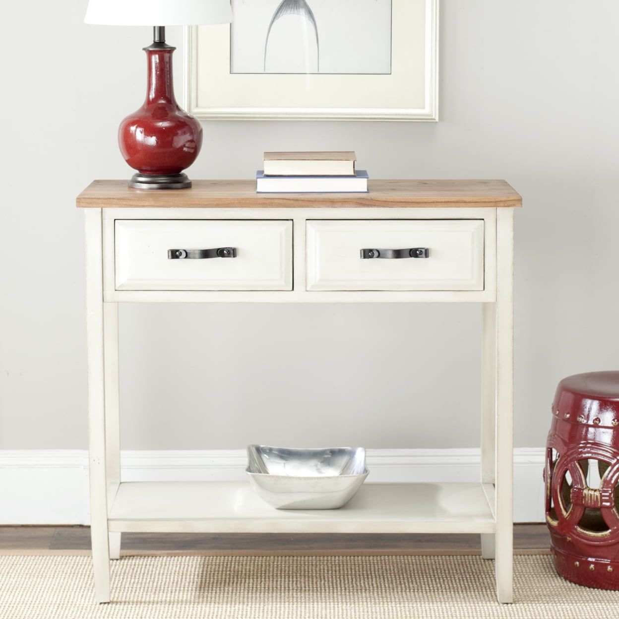 Beige Elm and Poplar Wood Console Table with Storage Drawers