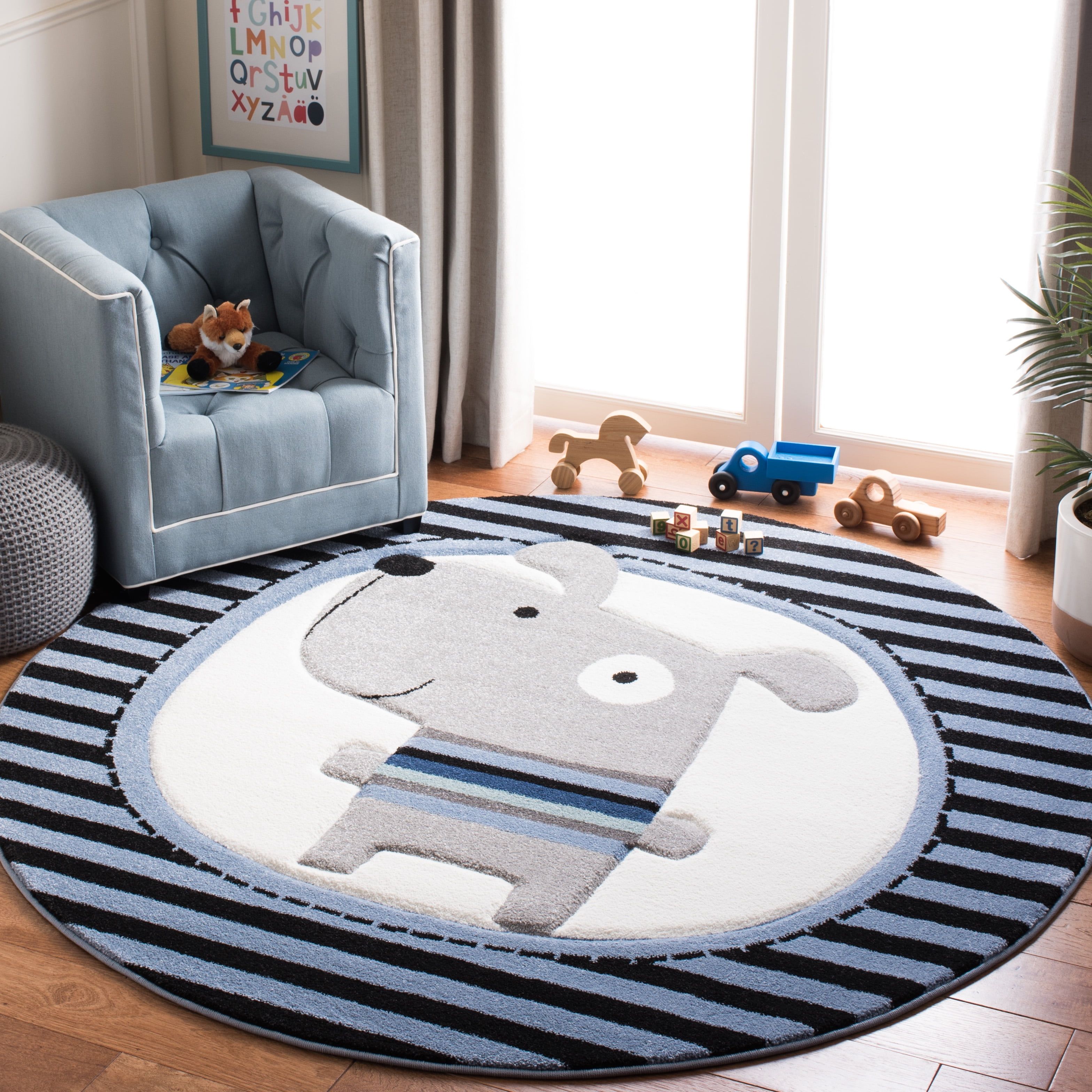 Ivory and Navy Round Kids Synthetic Area Rug