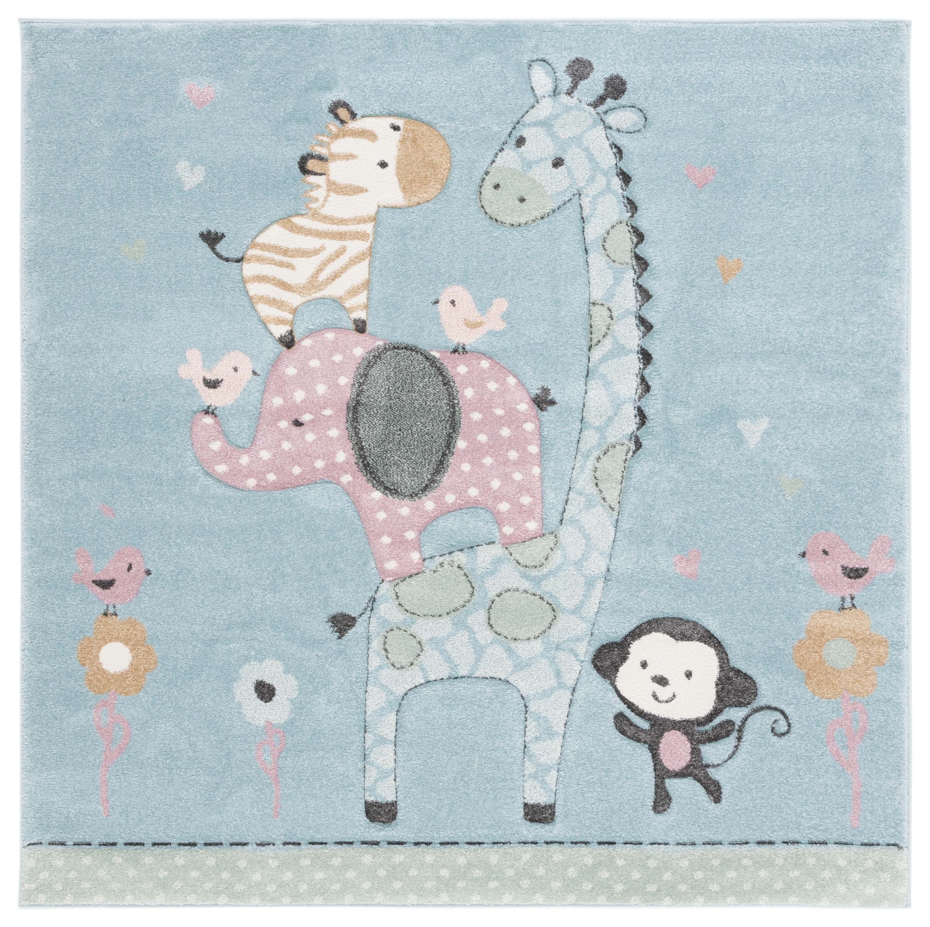 Blue Square Kids Animal Play Area Rug, 4' x 4'