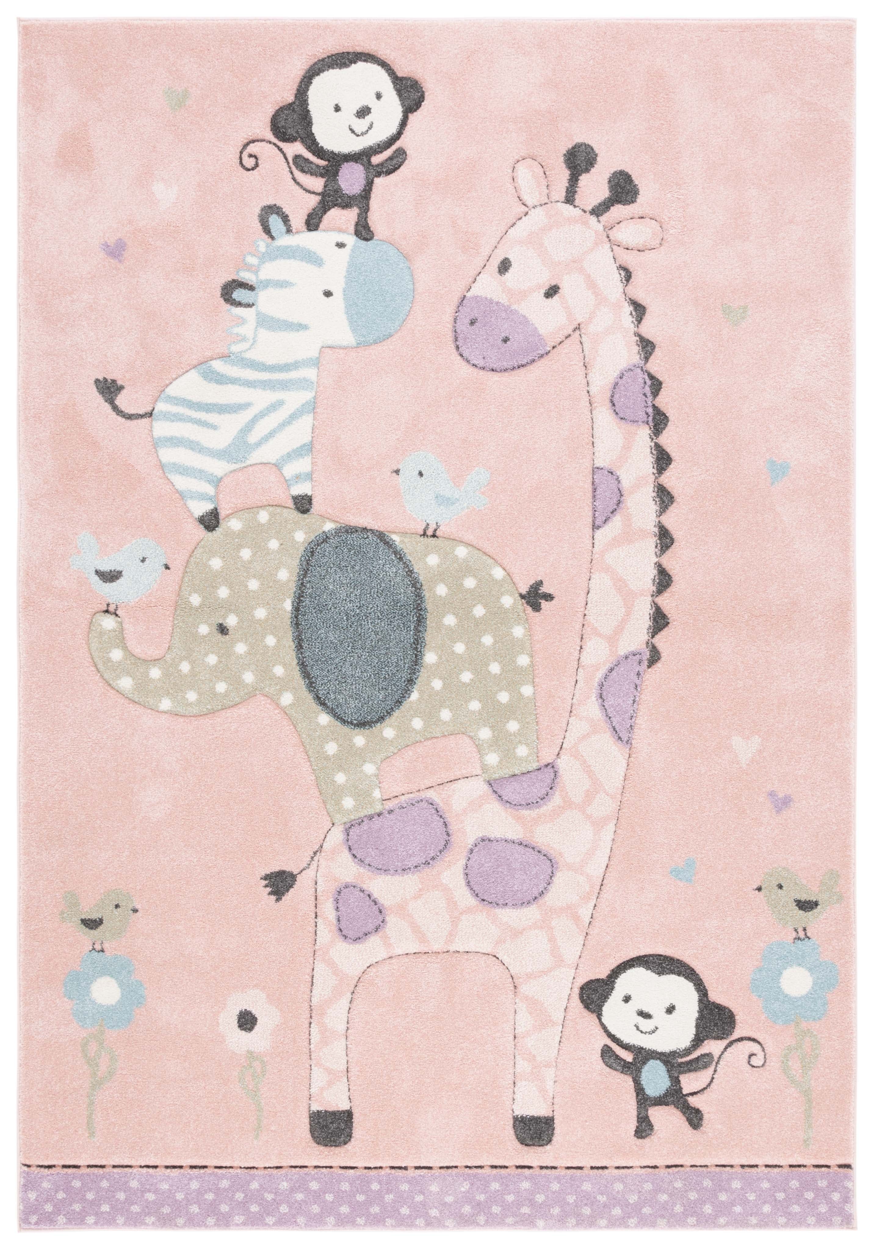 Blush Pink Rectangular Synthetic Kids Animal Play Area Rug