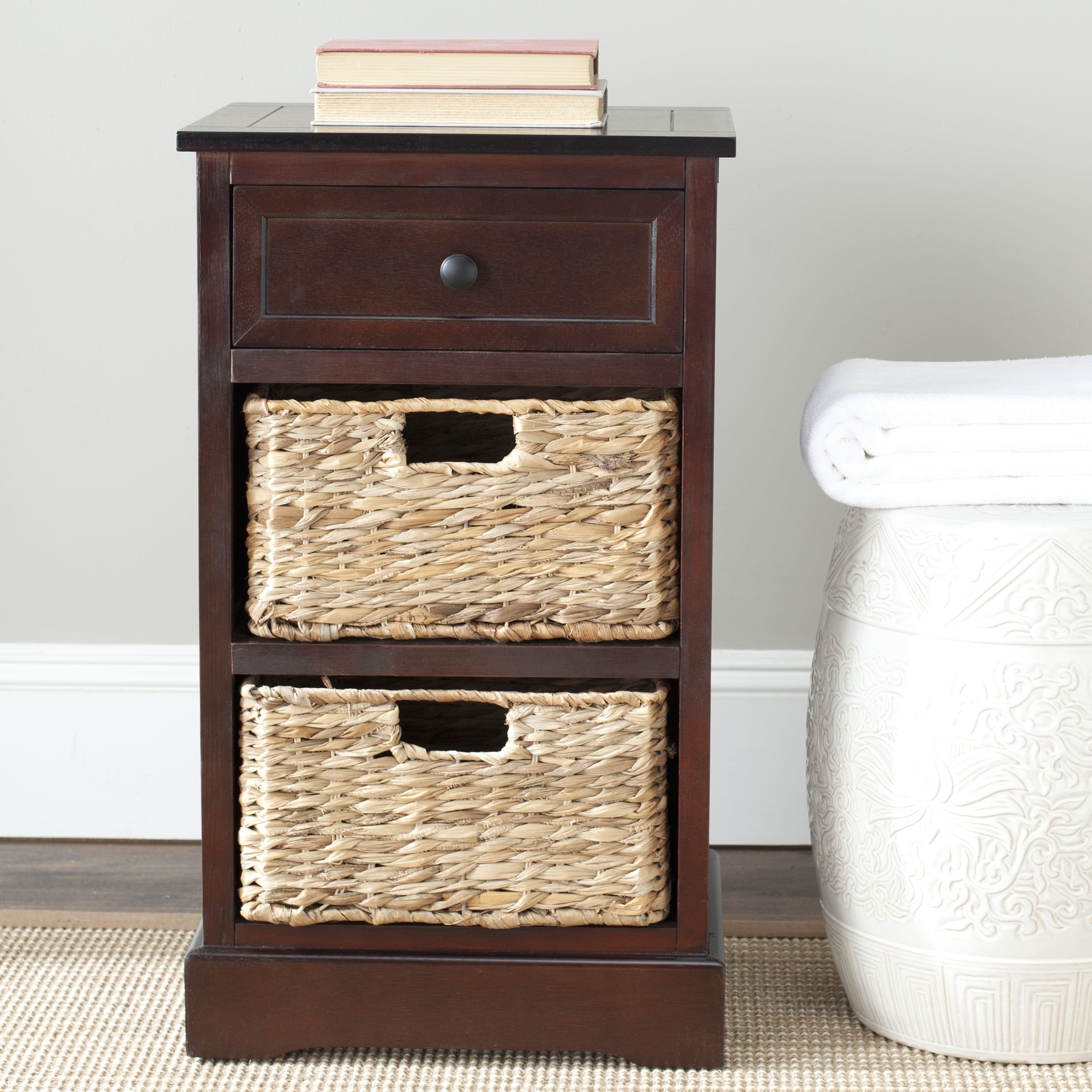 Dark Cherry Pine Side Table with Wicker Baskets