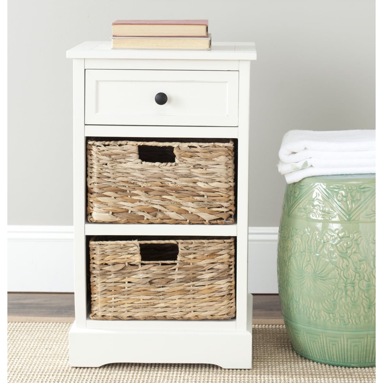 Transitional White Pine Storage Side Table with Wicker Baskets