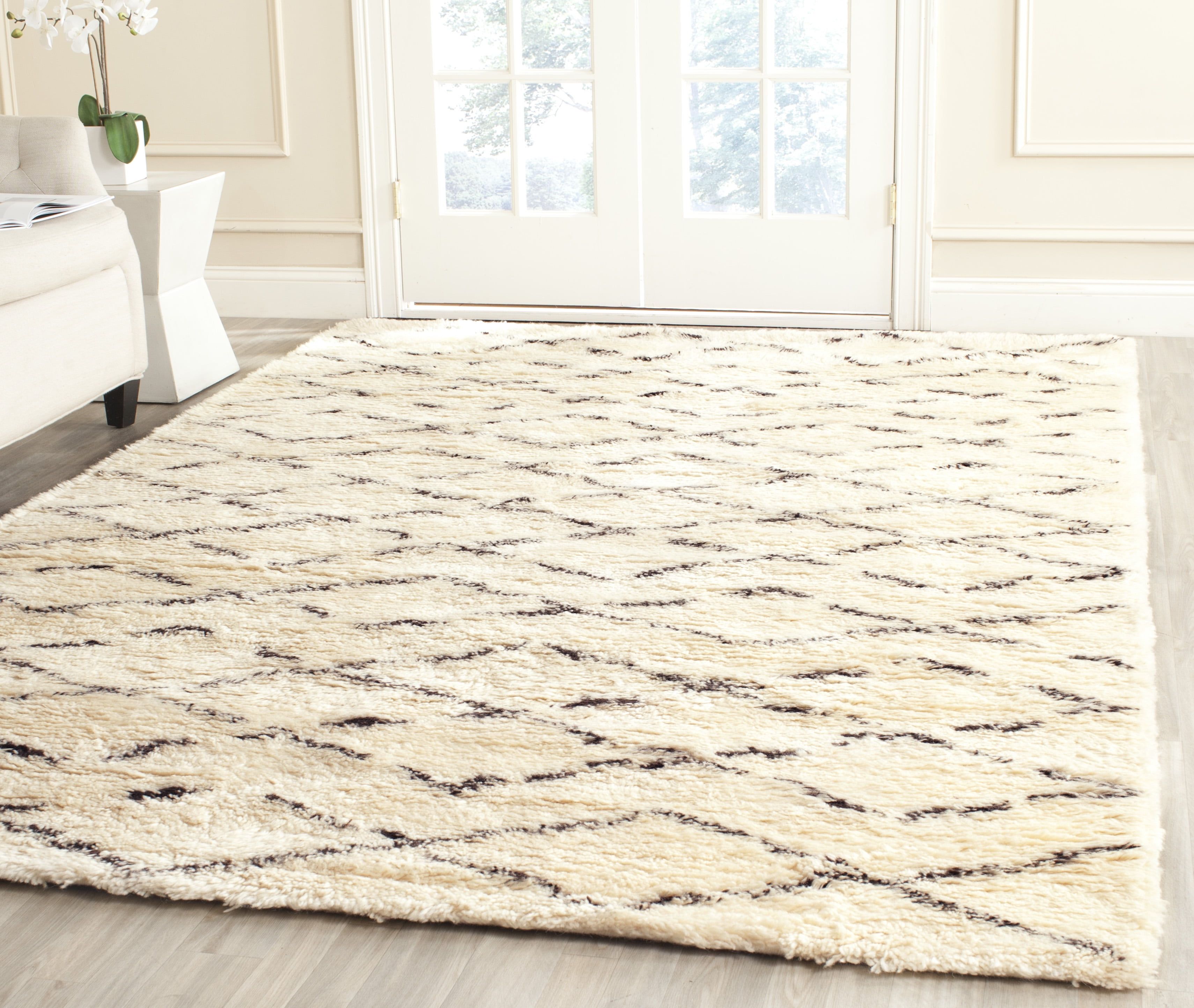 Ivory and Brown Hand-Tufted Wool Shag Square Area Rug