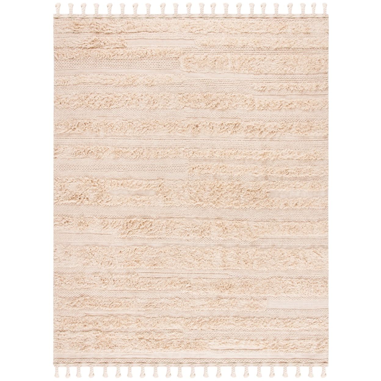 Handwoven Scandinavian Beige Wool 9' x 12' Area Rug with Fringe