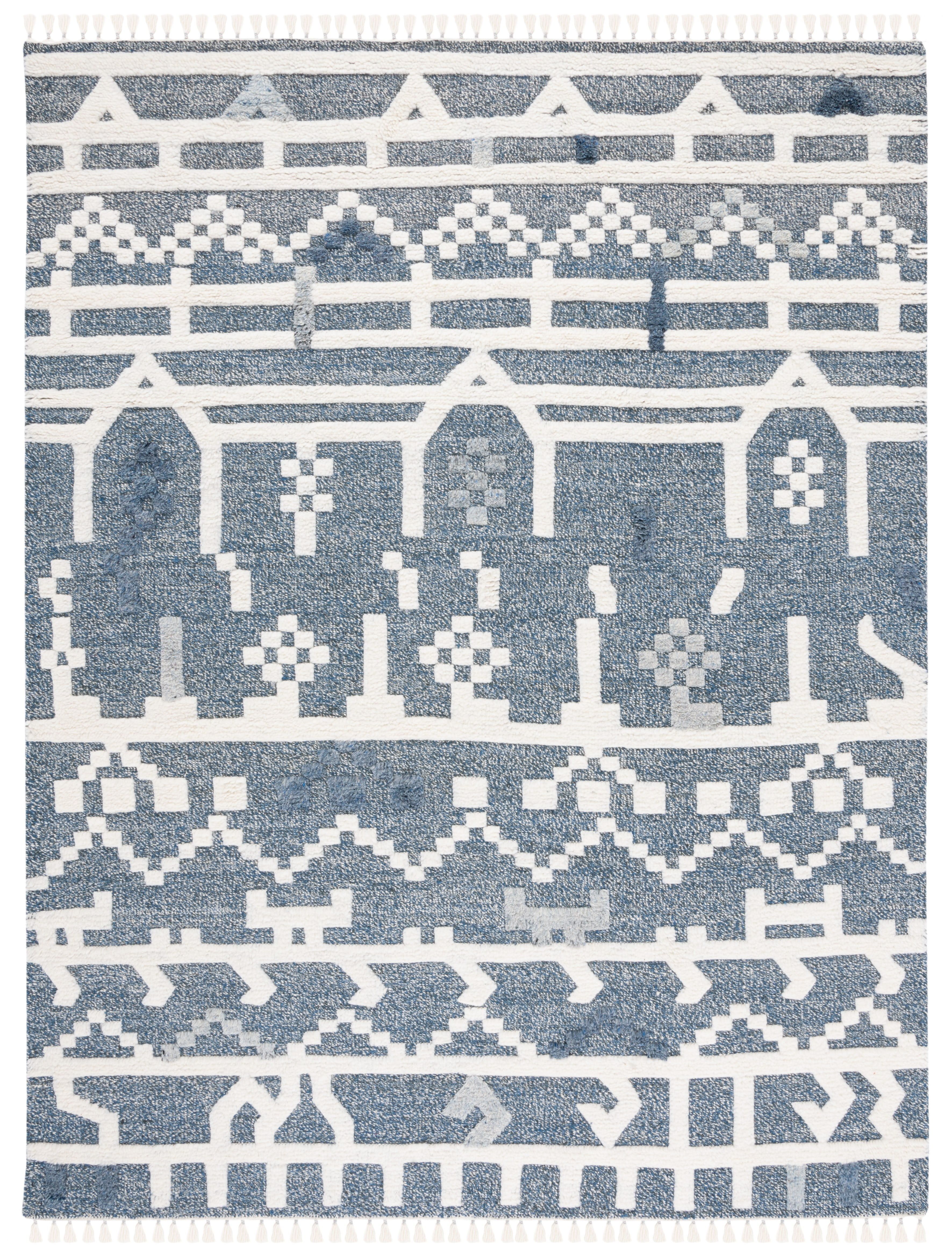 Blue and Ivory Hand-knotted Wool Shag Area Rug, 9' x 12'