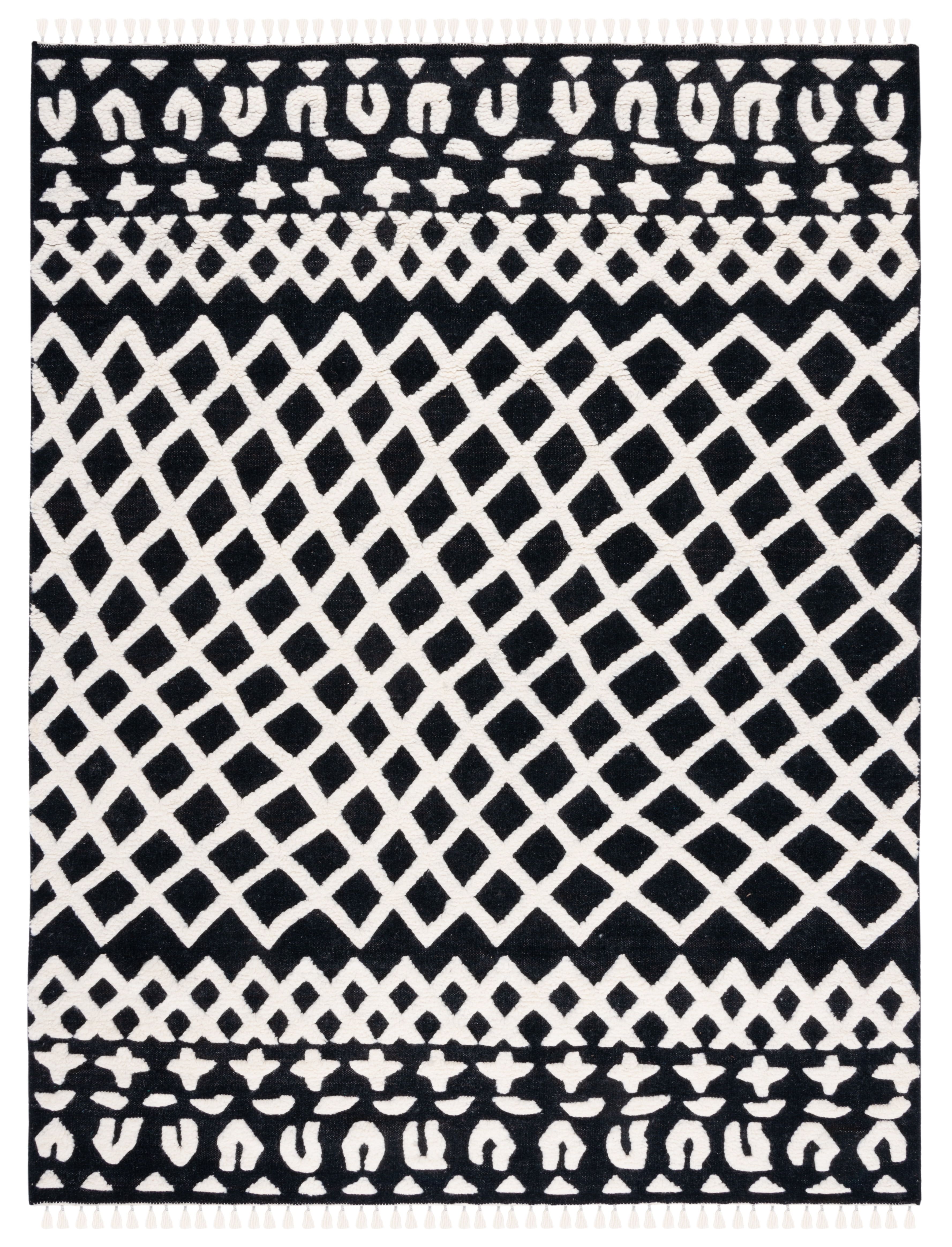 Black and Ivory Hand-Knotted Wool Shag Rug, 9' x 12'