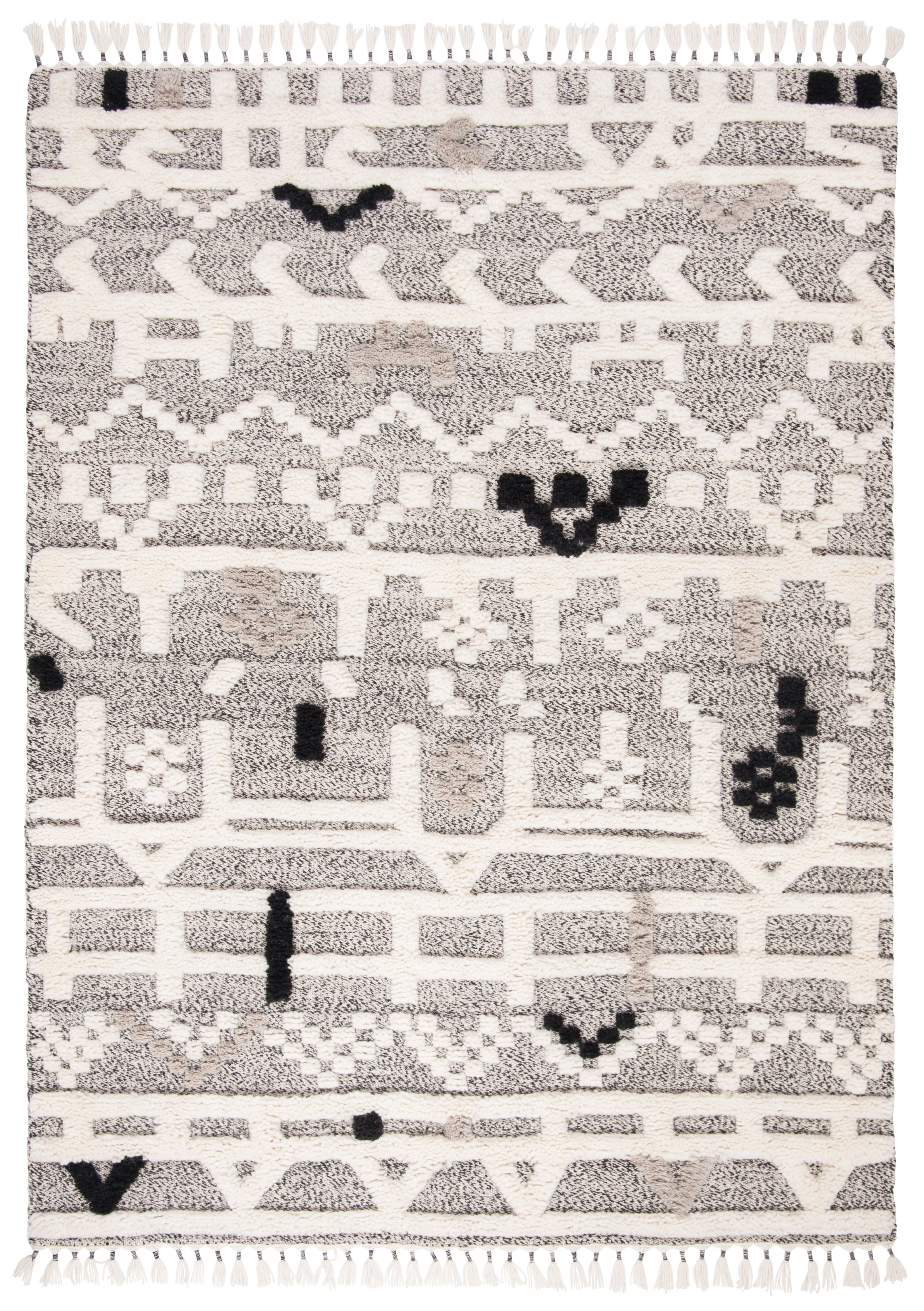 Ivory and Black Geometric Wool 9' x 12' Shag Rug