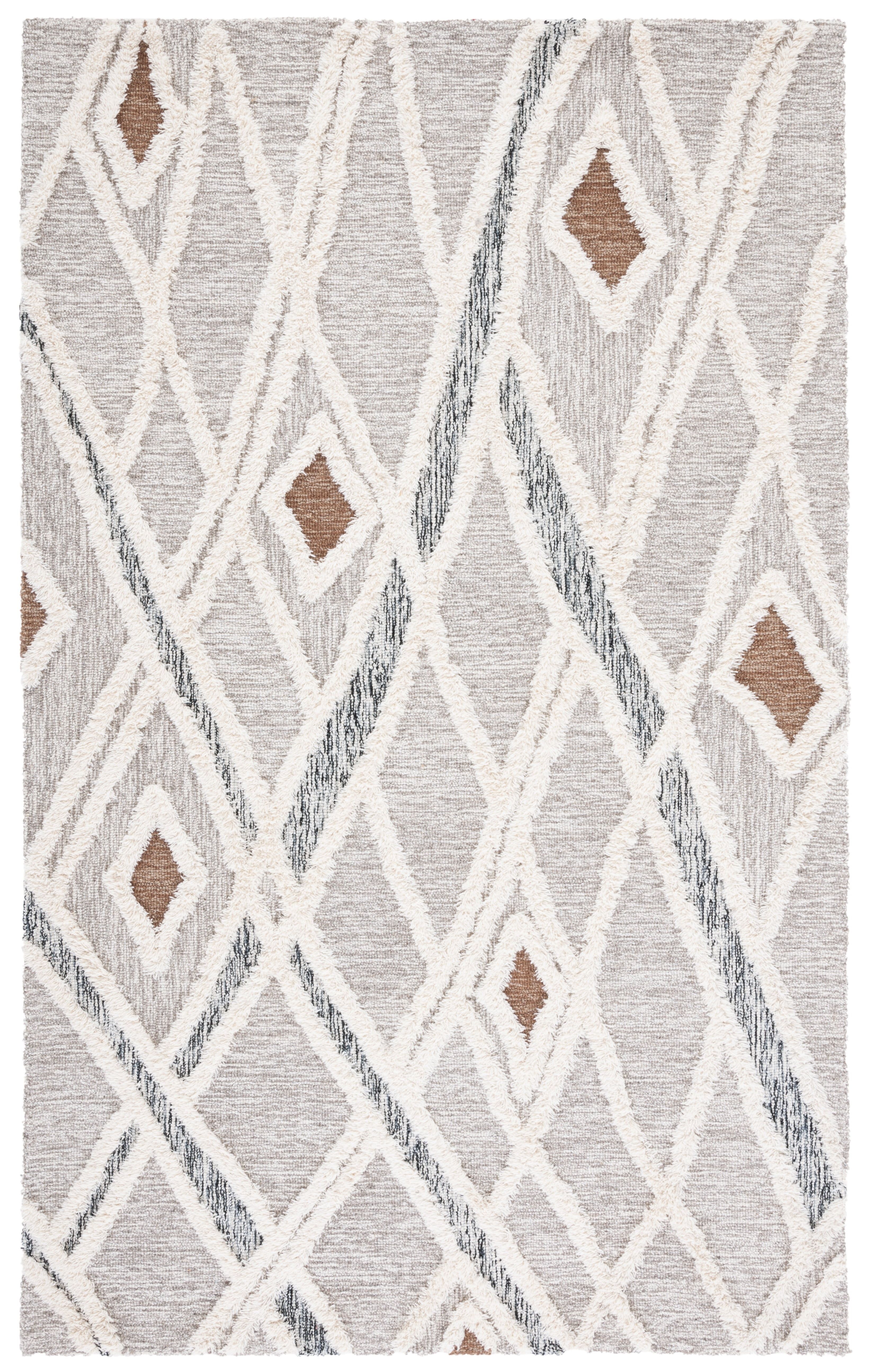 Gray and Ivory Geometric Wool High Pile Area Rug 3' x 5'