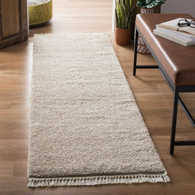 Hand-Knotted Beige Wool Shag Runner Rug with Fringe