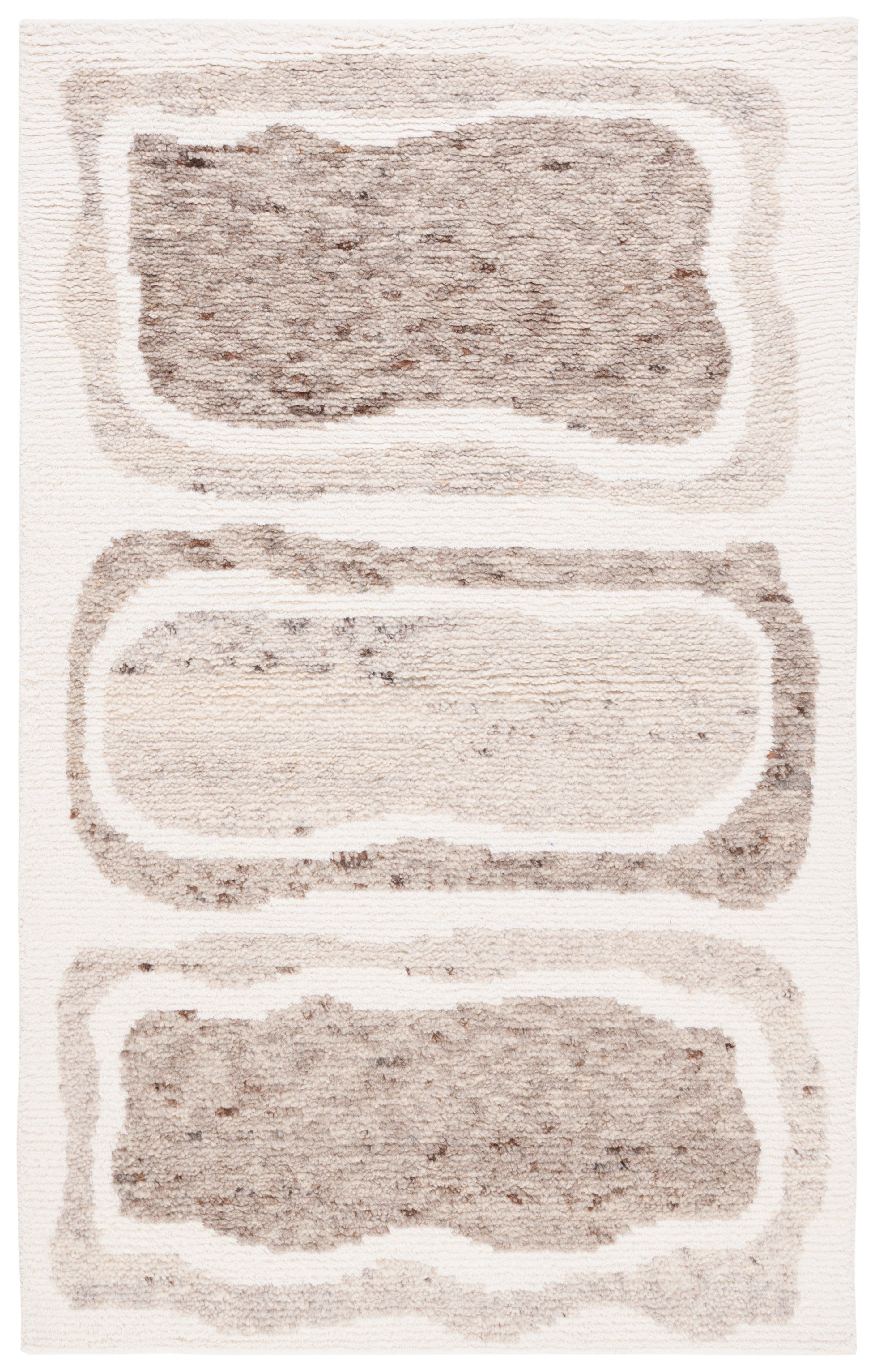 Casablanca Ivory and Brown Hand-Knotted Wool Round Shag Rug