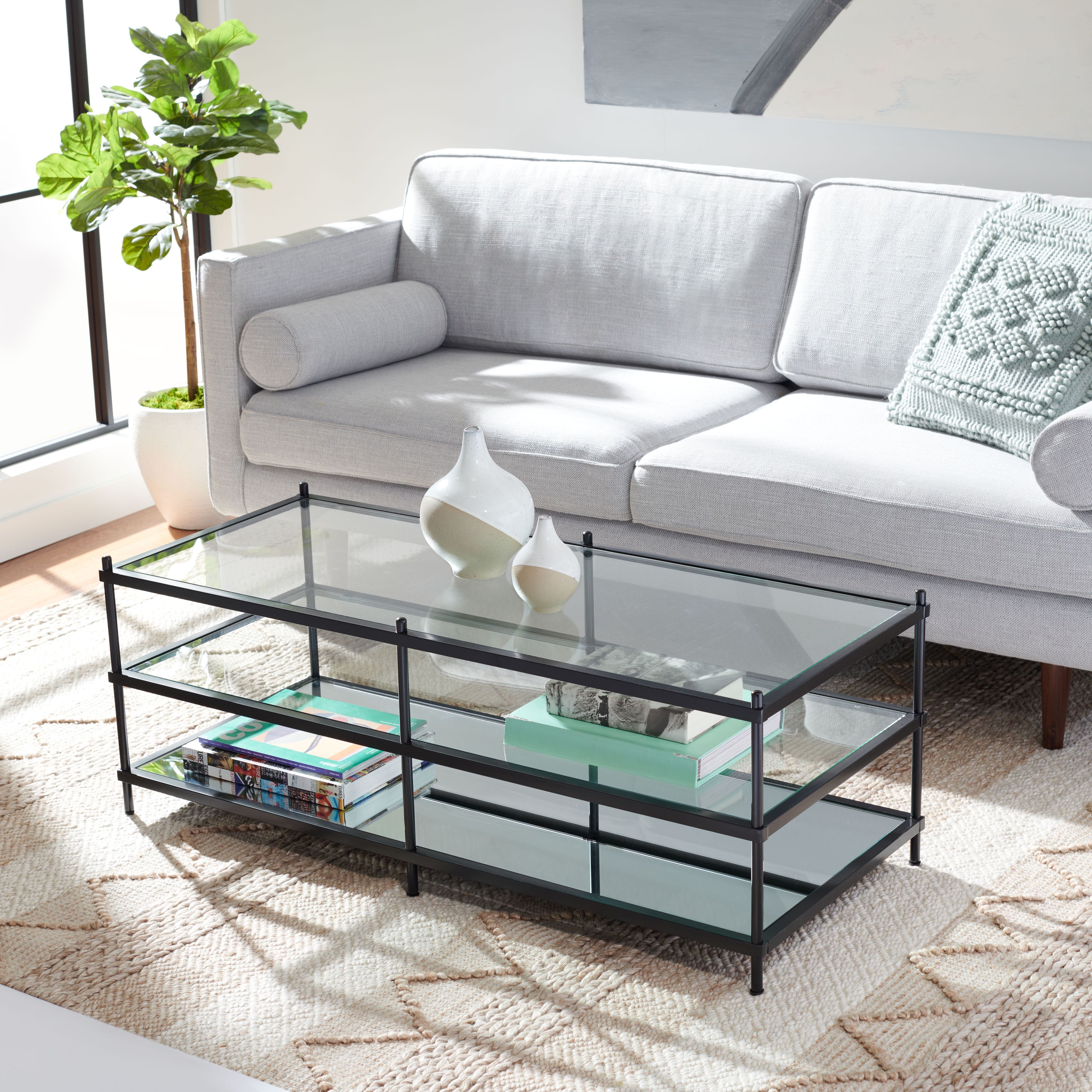 Cathal 52" Matte Black Glass & Mirror Rectangular Coffee Table with Storage