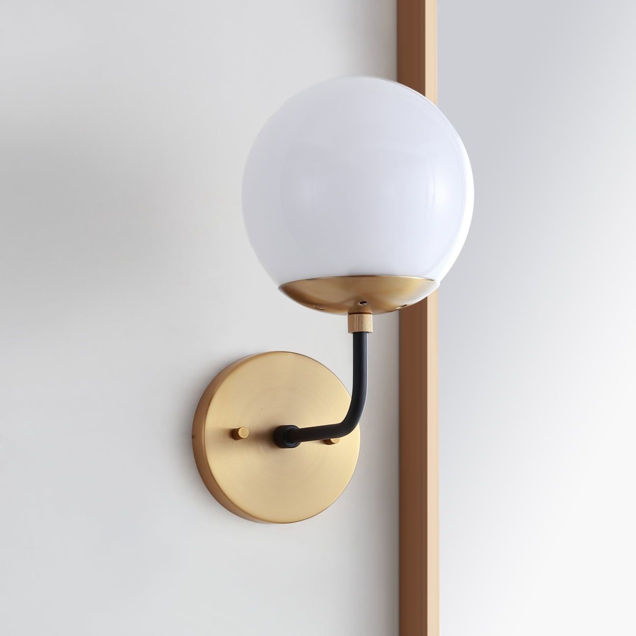 Contemporary 8'' Black and Gold Direct Wired Sconce with White Glass Globe