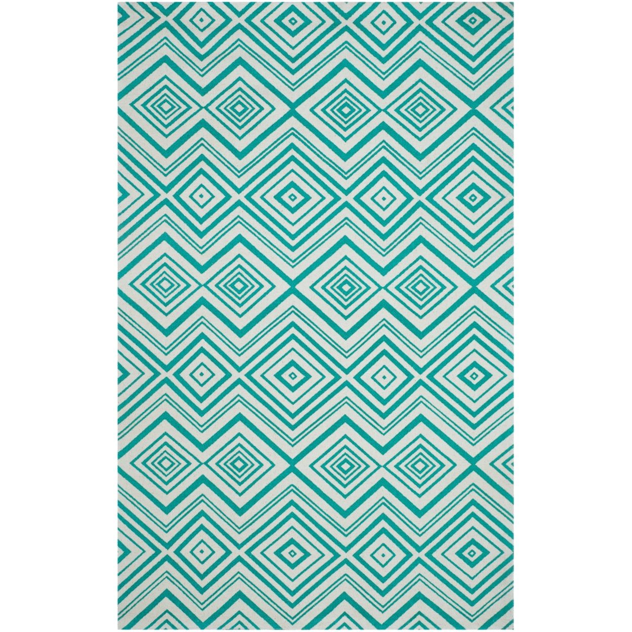 Ivory and Light Teal Geometric Cotton 3' x 5' Rug