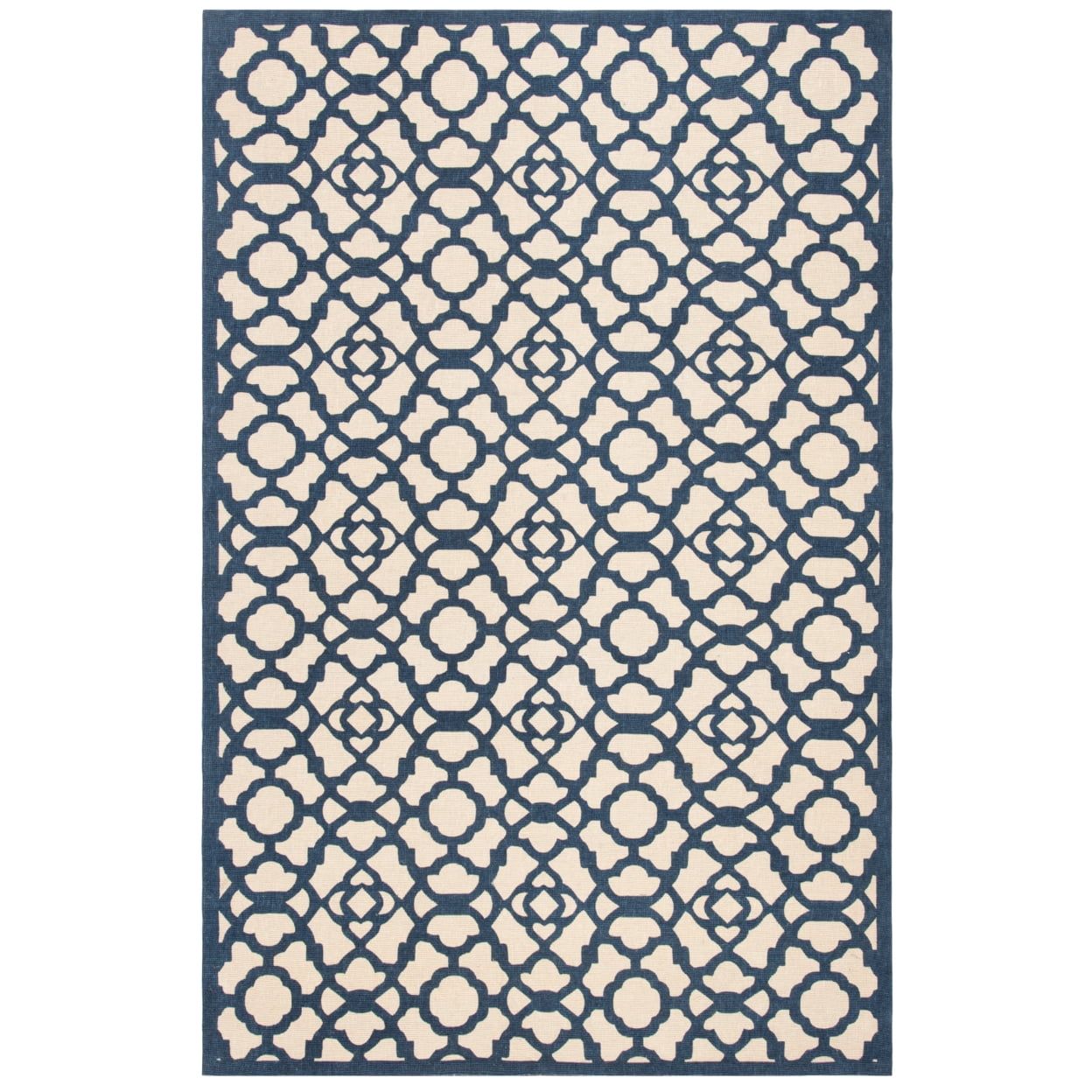 Ivory and Navy Floral Rectangular Wool Cotton Rug, 5' x 8'