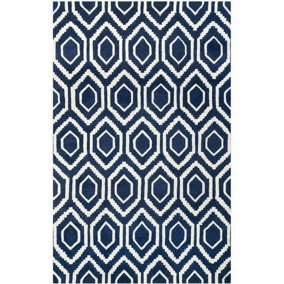 Handmade Dark Blue and Ivory Wool Tufted Rug, 5' x 8'