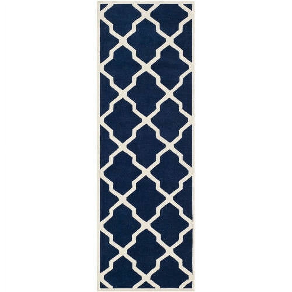 Elegant Dark Blue/Ivory Hand-Tufted Wool Runner Rug