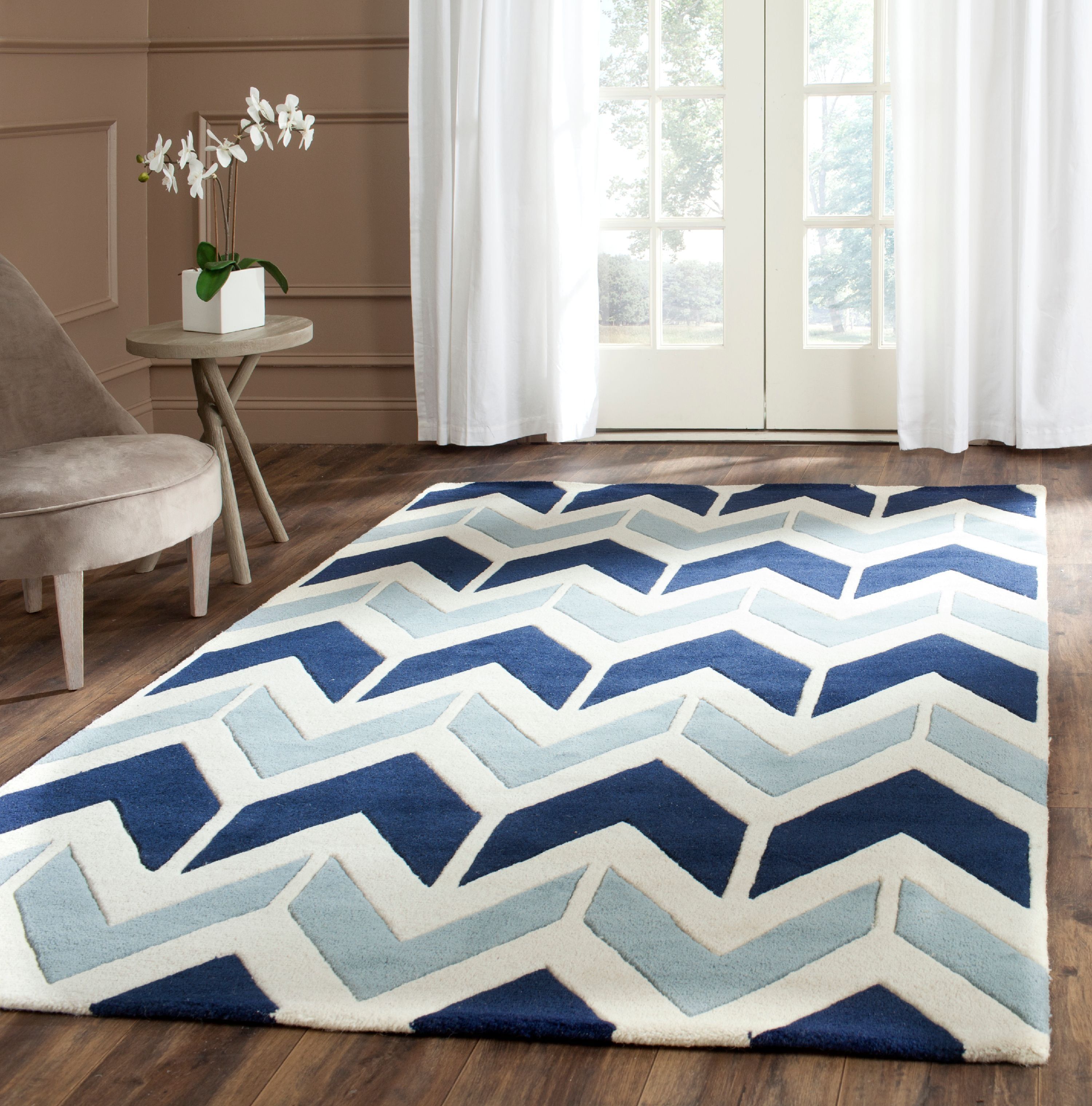 Light Blue and Dark Blue Hand-Tufted Wool Rug, 4' x 6'