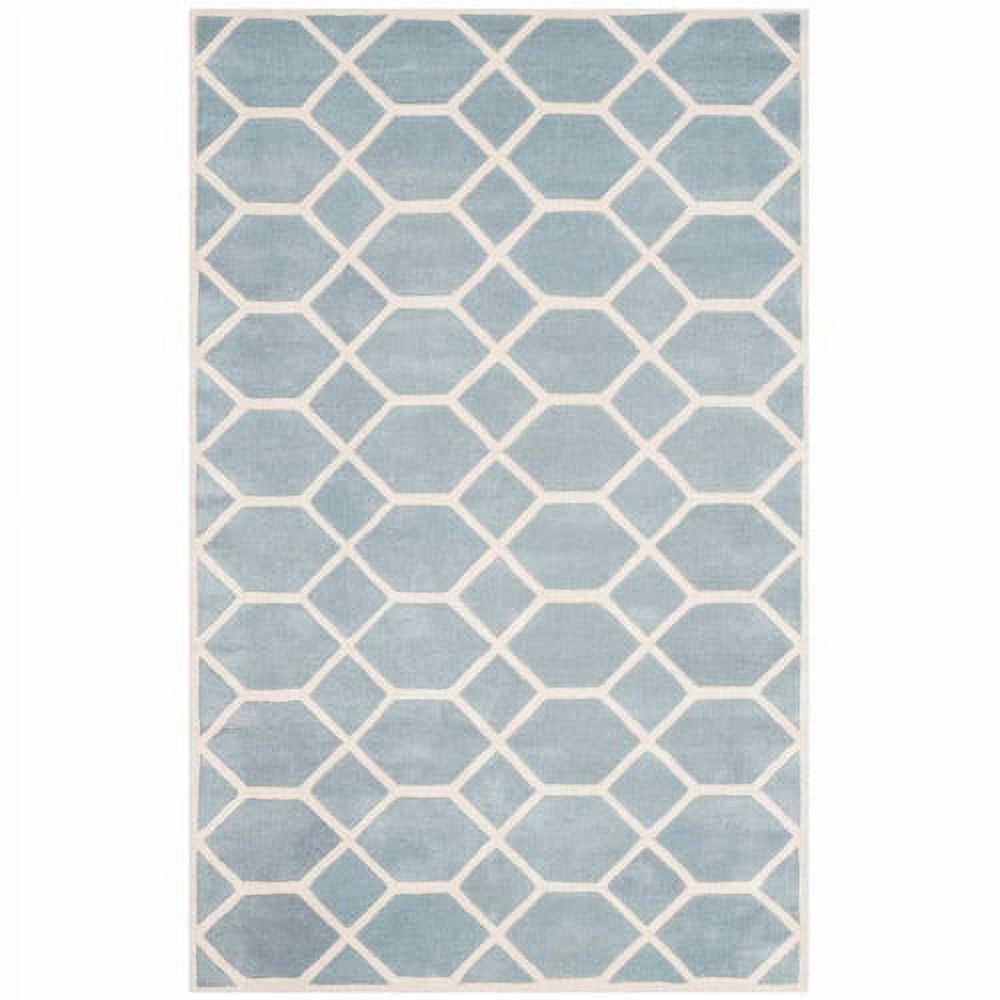 Blue and Ivory Geometric Hand-Tufted Wool Area Rug, 5' x 8'