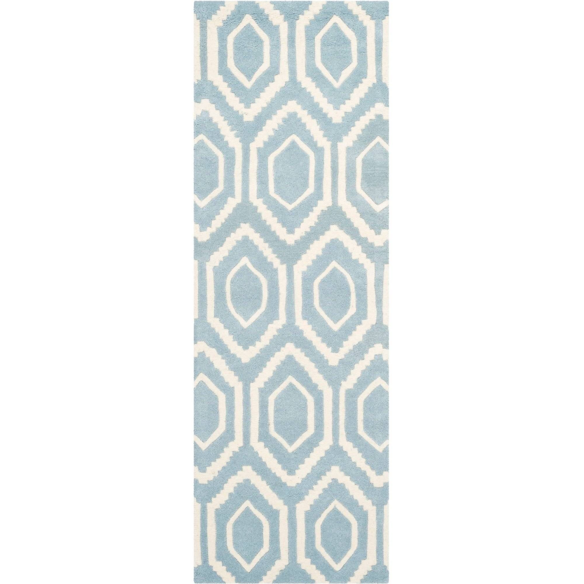 Blue and Ivory Geometric Wool Hand-Tufted Runner Rug