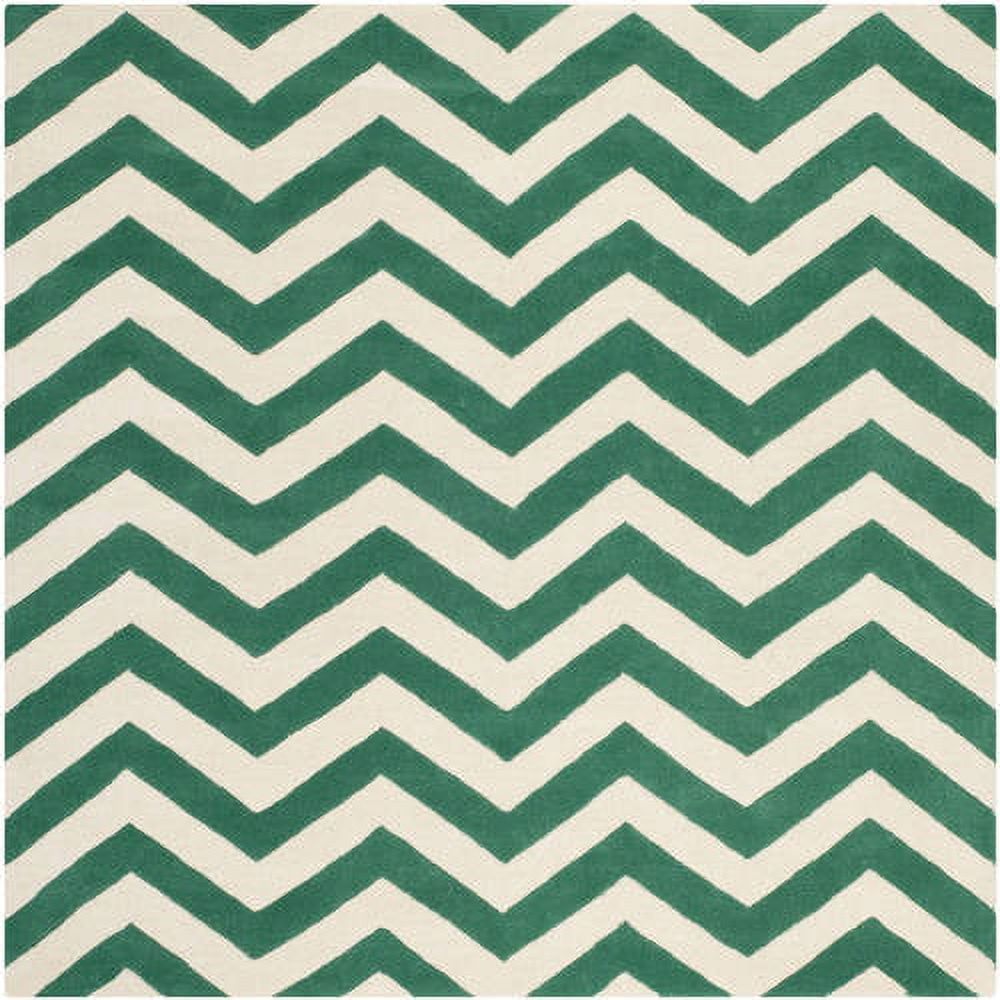 Teal and Ivory Hand-Tufted Wool Chevron Area Rug, 7' x 7'