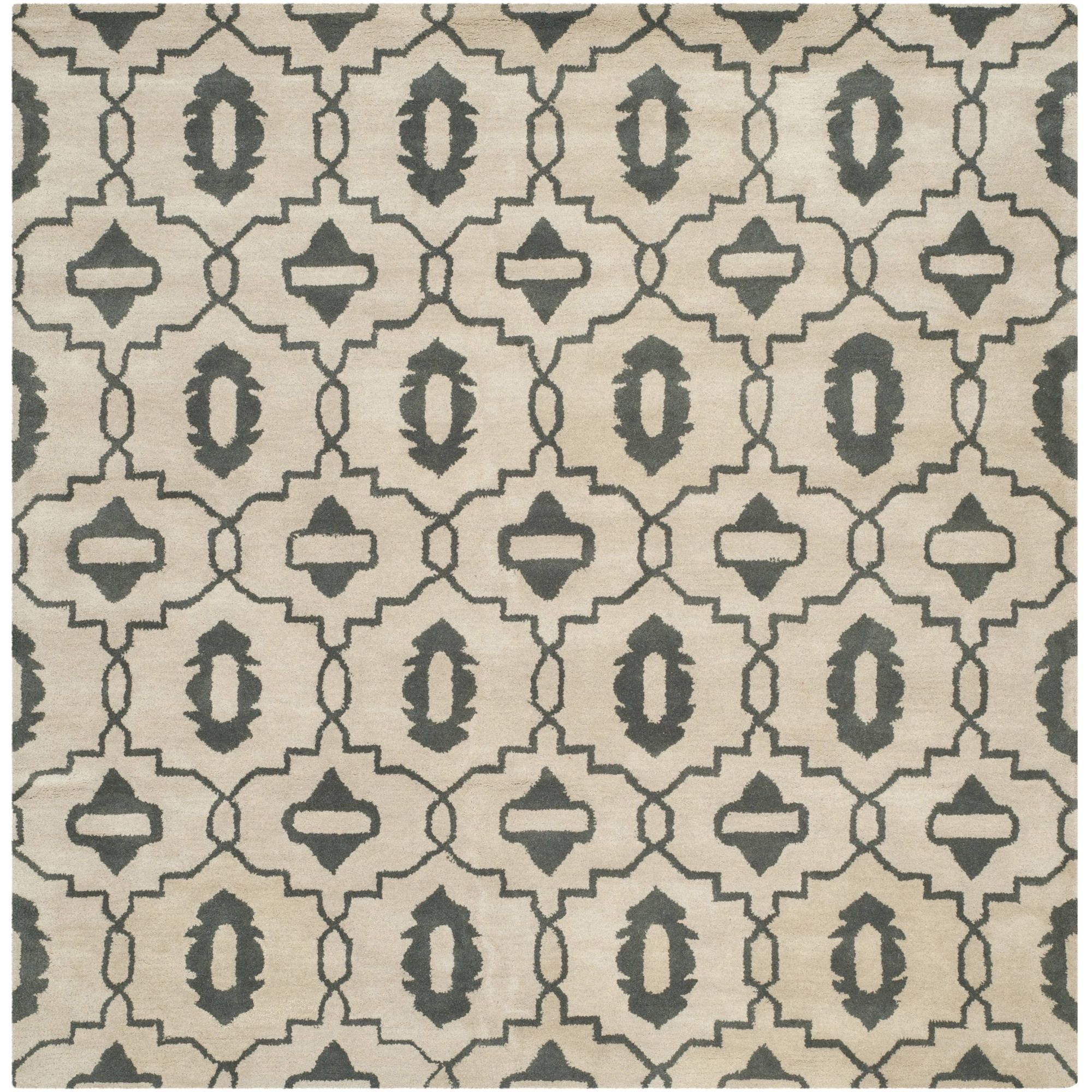 Beige and Grey Hand-Tufted Wool Geometric Square Rug