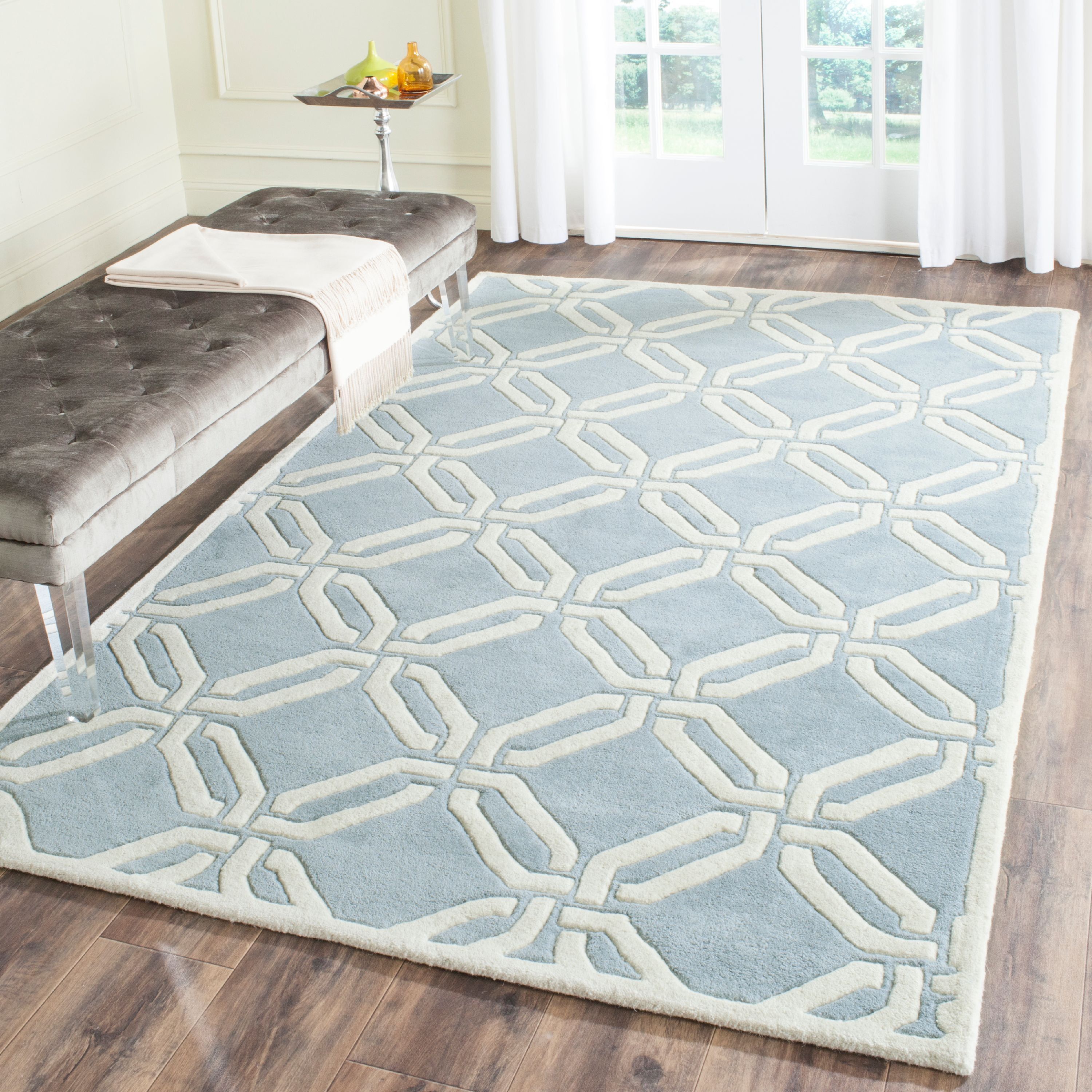 Handmade Blue Wool Tufted Geometric Square Rug