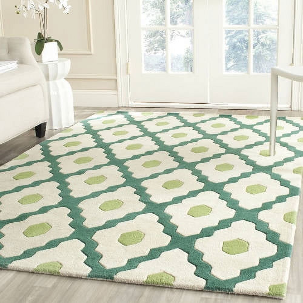 Ivory and Teal Geometric Hand-Tufted Wool Area Rug, 4' x 6'