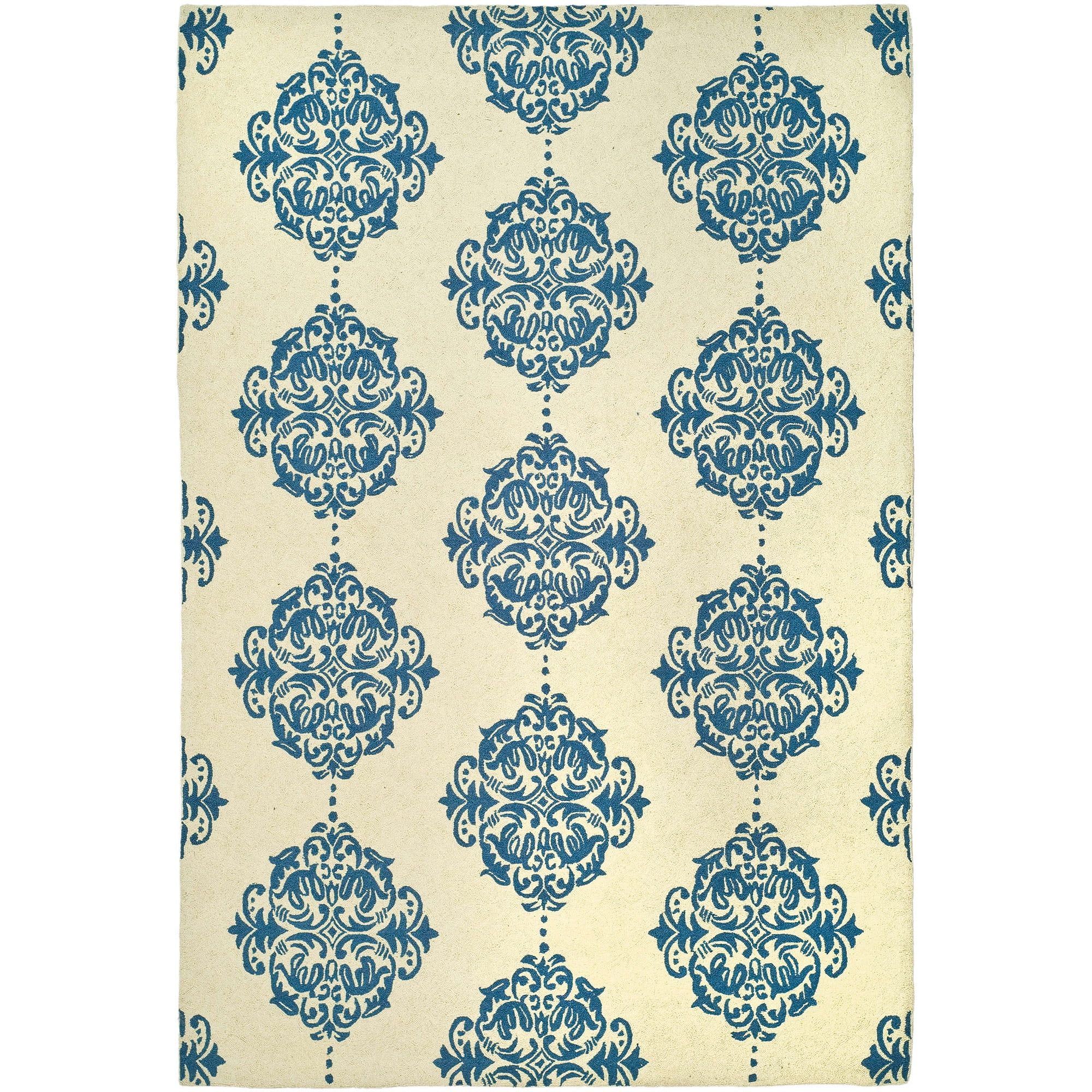 Ivory and Blue Floral Wool Rectangular Runner Rug