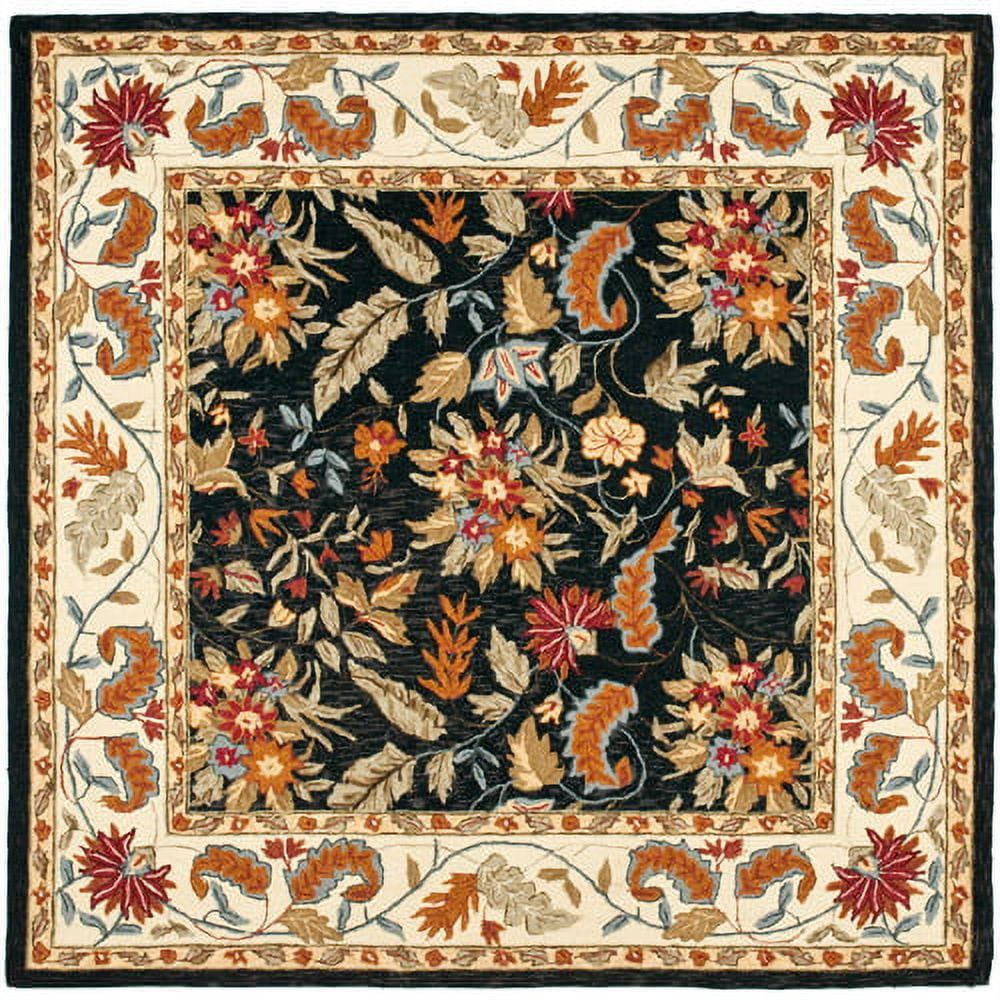 Black Floral Wool Hand-Hooked Square Area Rug, 6' x 6'