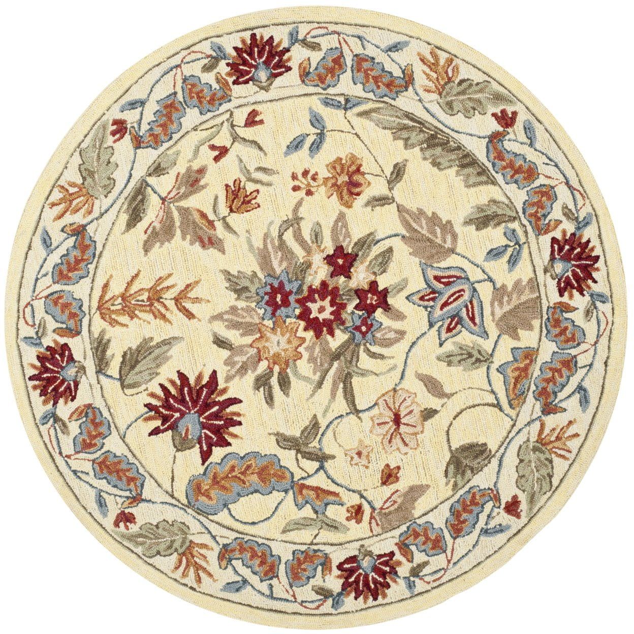 Ivory Floral Hand-Hooked Wool Circular Area Rug