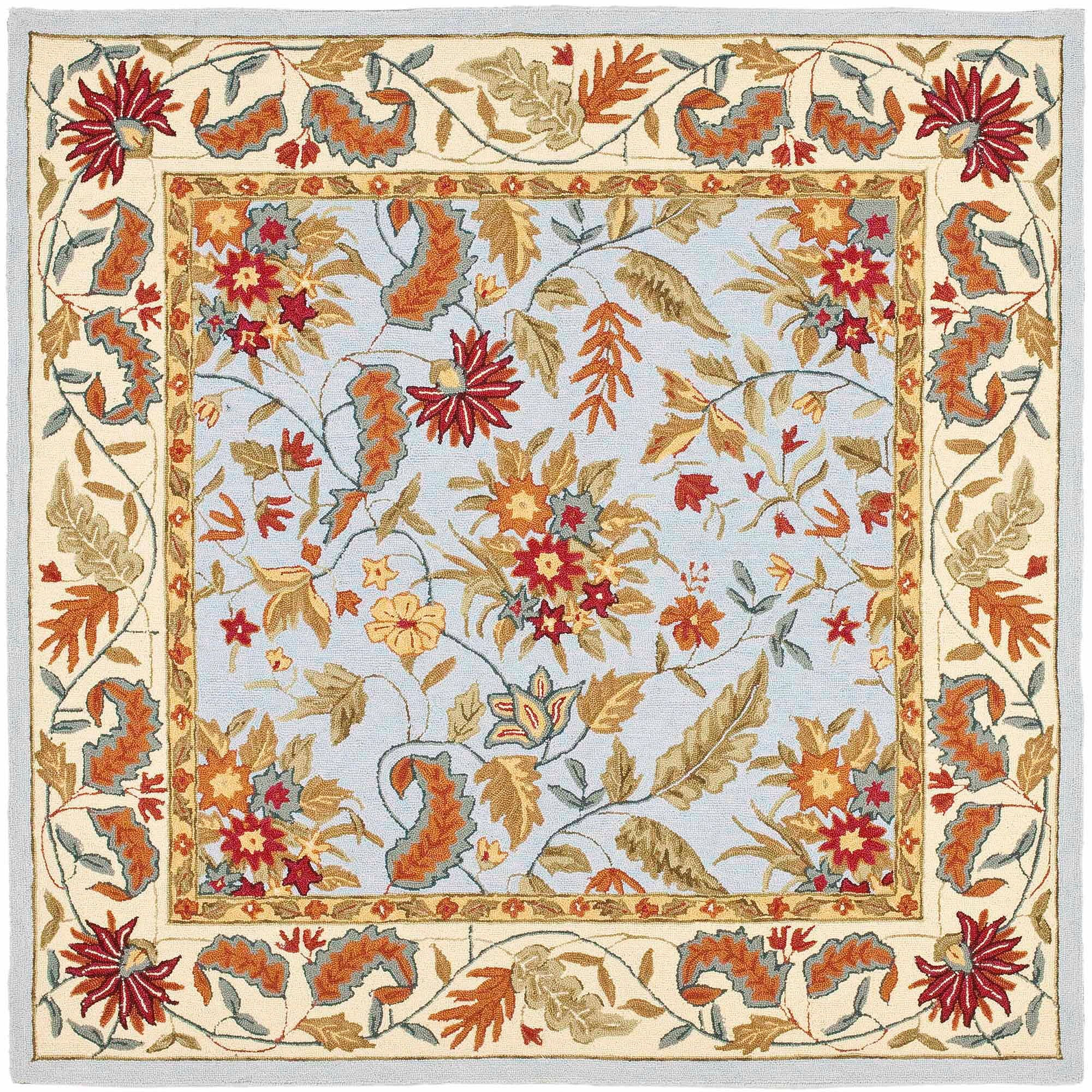 Handmade Light Blue Floral Wool Square Area Rug, 6 ft x 6 ft