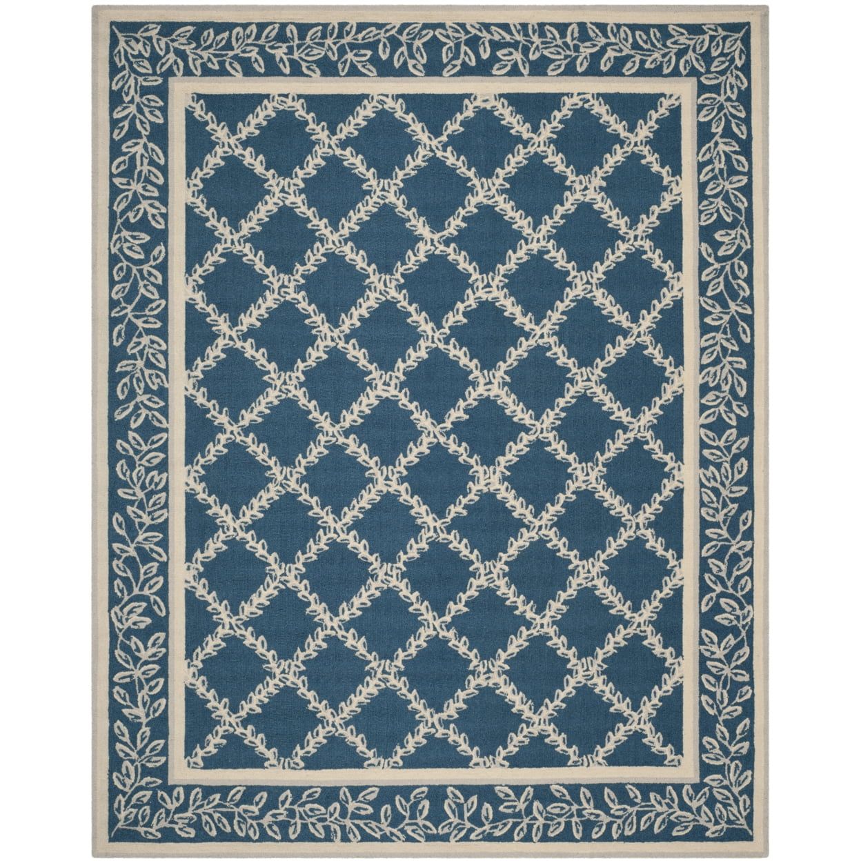 Handmade Blue Wool Rectangle Area Rug with Edge Embellishment