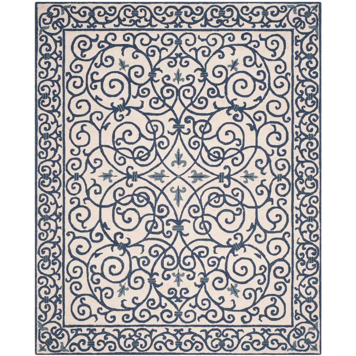 Ivory and Dark Blue Hand-Hooked Wool Area Rug