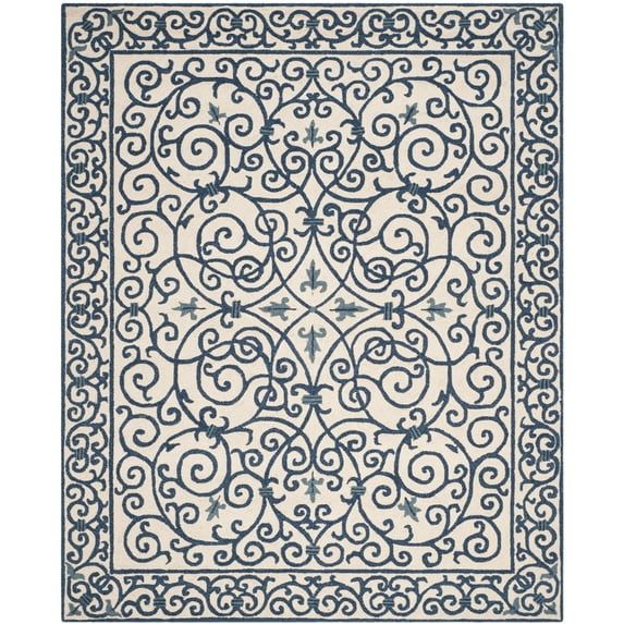 Ivory and Dark Blue Hand-Hooked Wool Area Rug