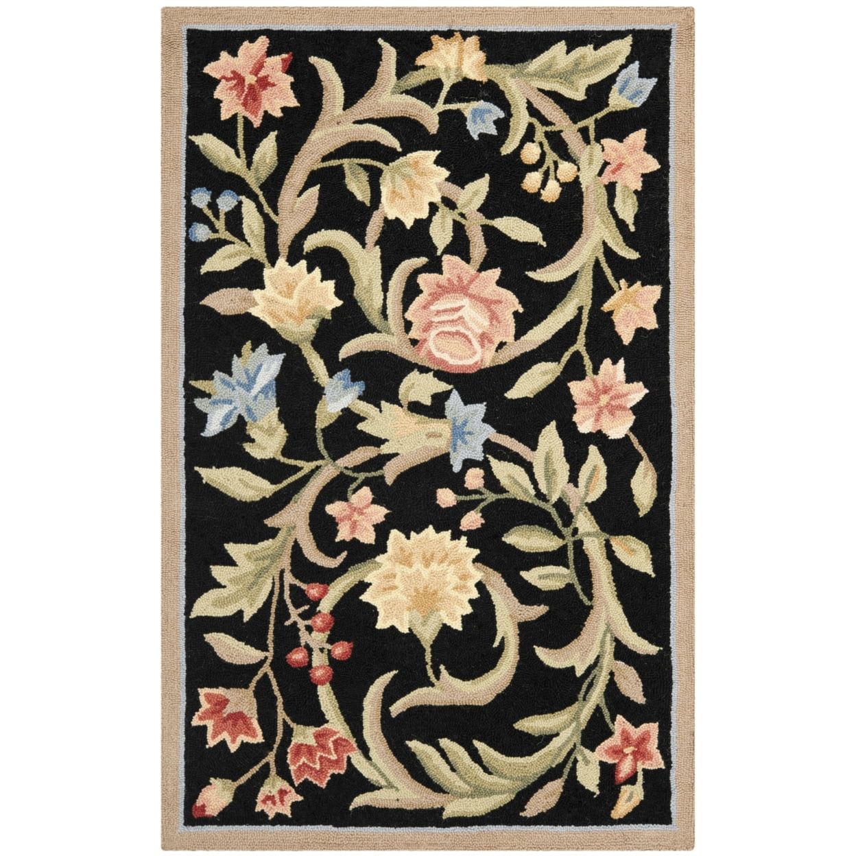 Handmade Black Floral Wool Reversible Rectangular Rug, 2'6" x 4'