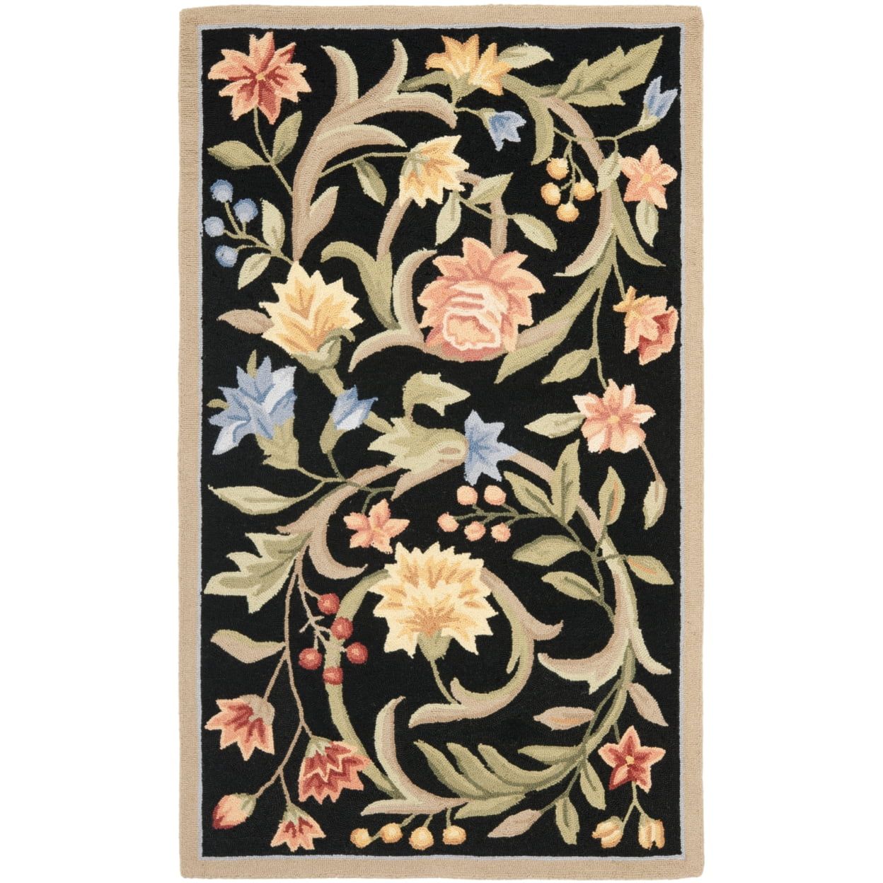 Handmade Black Floral Wool Round Area Rug, 4' x 4'