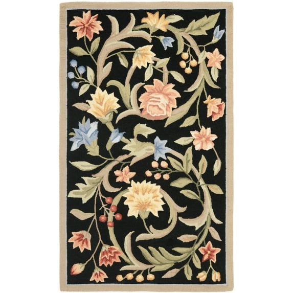 Handmade Black Floral Wool Round Area Rug, 4' x 4'