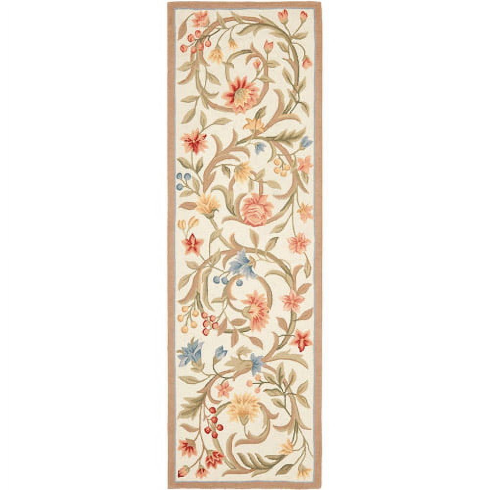 Ivory Floral Hand-Hooked Wool Runner Rug, 2'6" x 8'