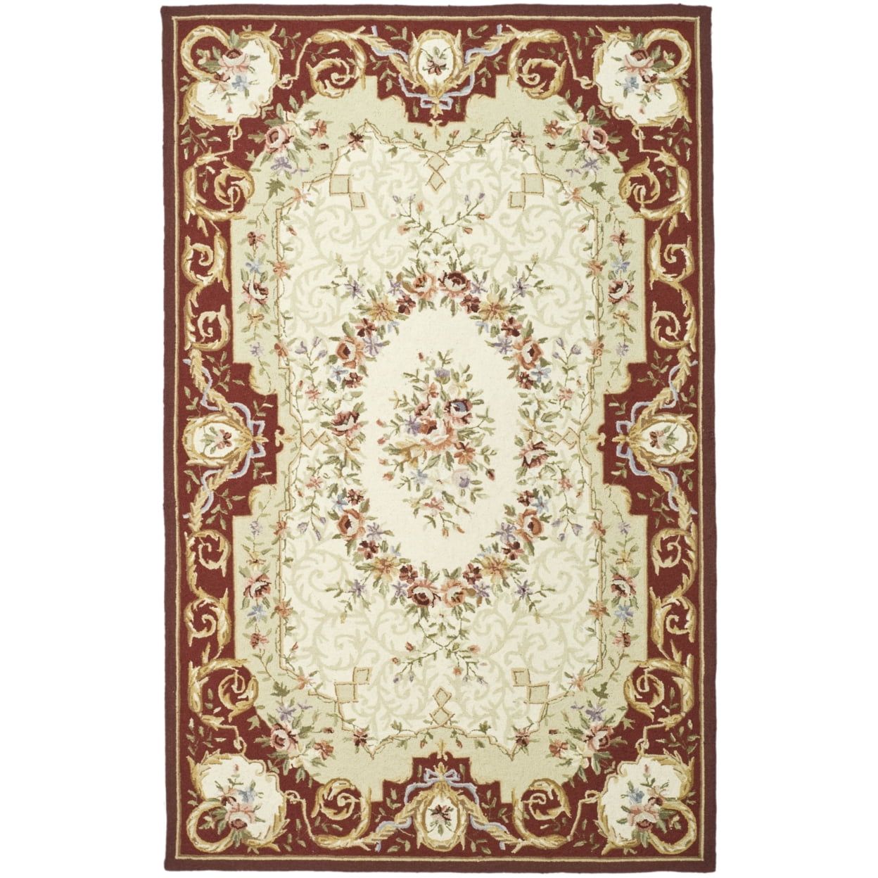 Ivory and Burgundy Handmade Wool Rectangular Area Rug