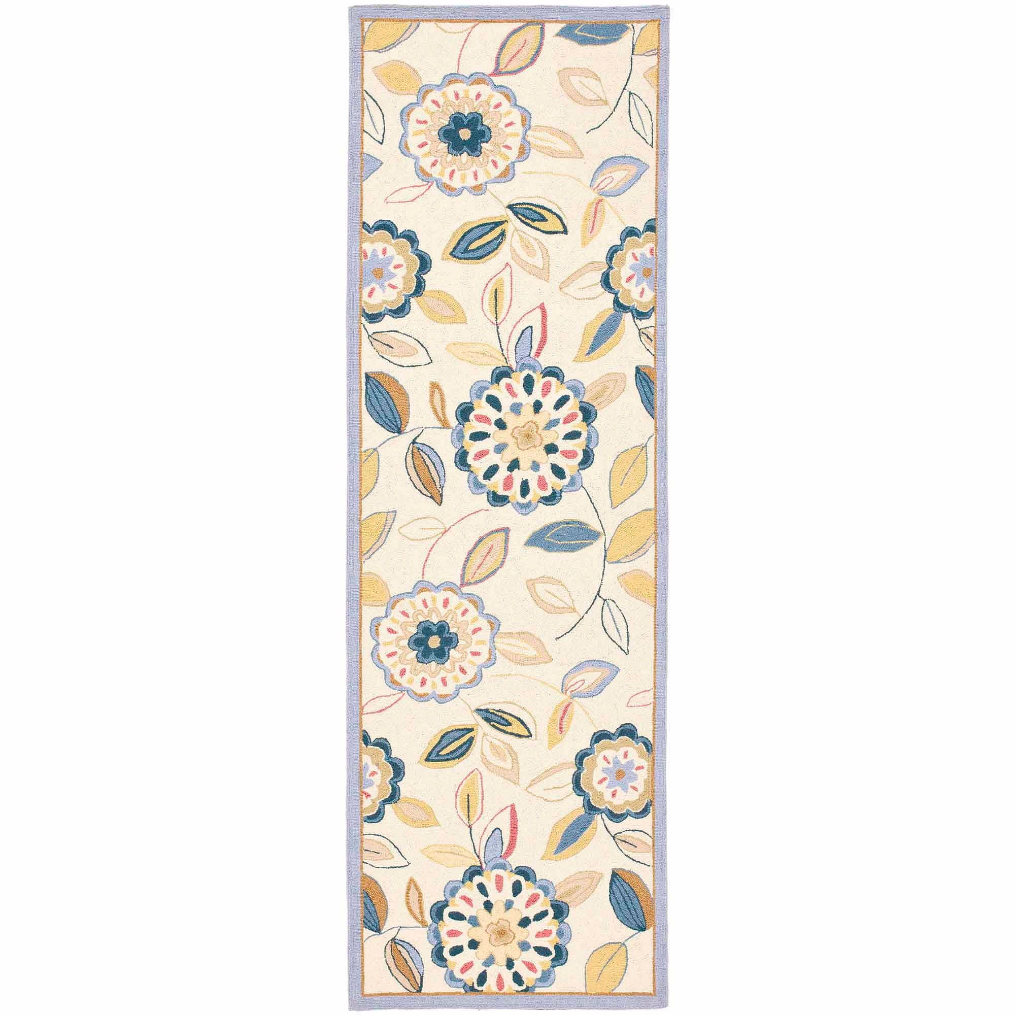 Ivory and Blue Floral Wool Runner Rug, 2'6" x 8'