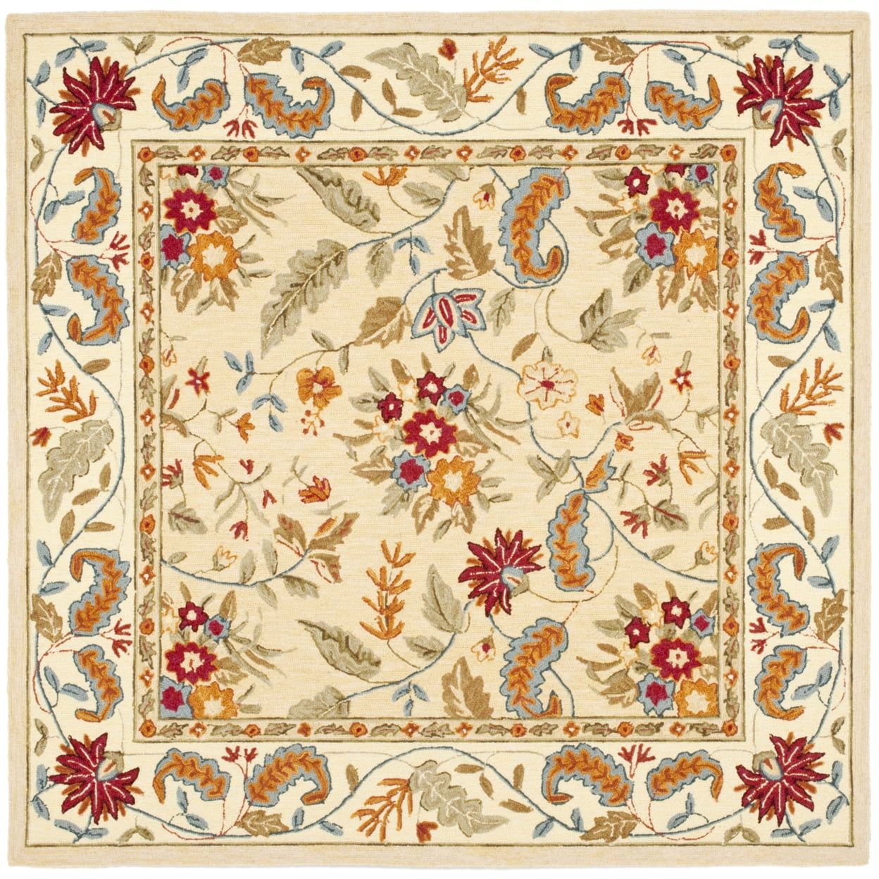 Elegant Ivory Square Hand-Knotted Wool Rug, 4'x4', Non-Slip