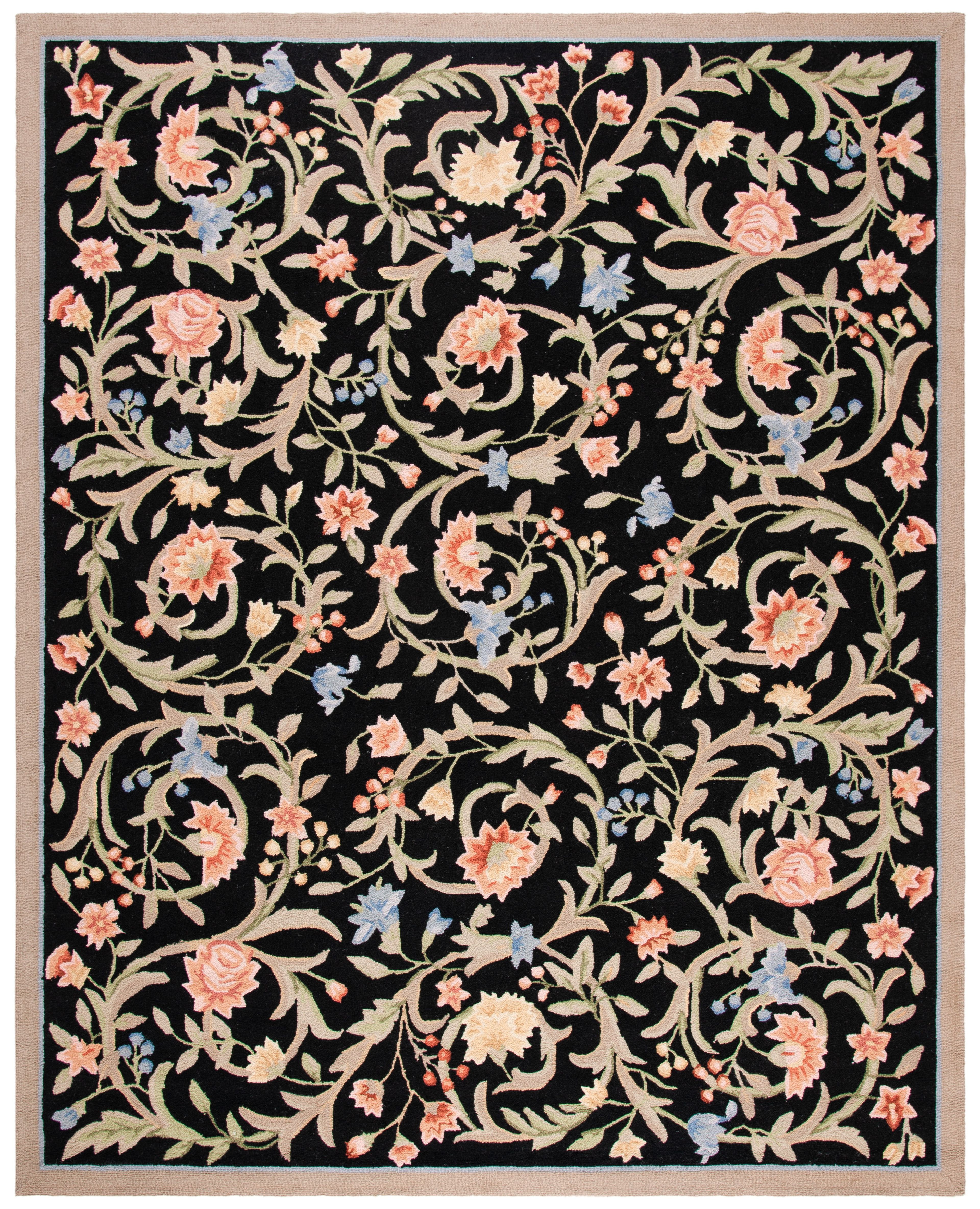 Black Floral Hand-Hooked Wool and Cotton 10' x 14' Area Rug