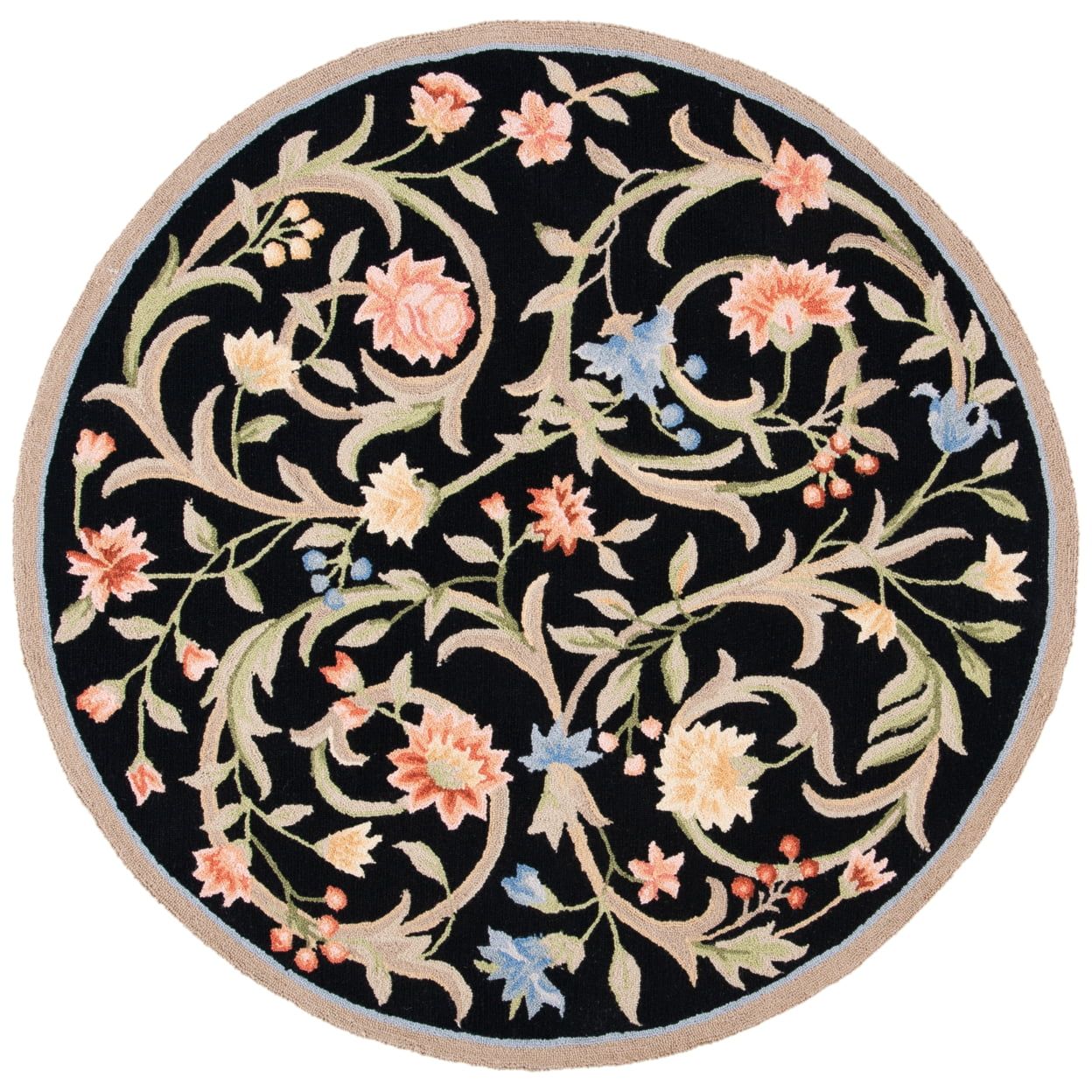 Handmade Round Floral Black and Ivory Wool Rug