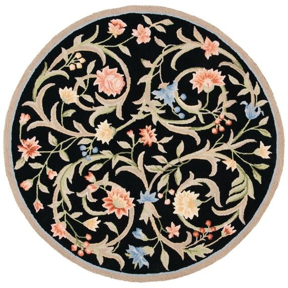 Handmade Round Floral Black and Ivory Wool Rug