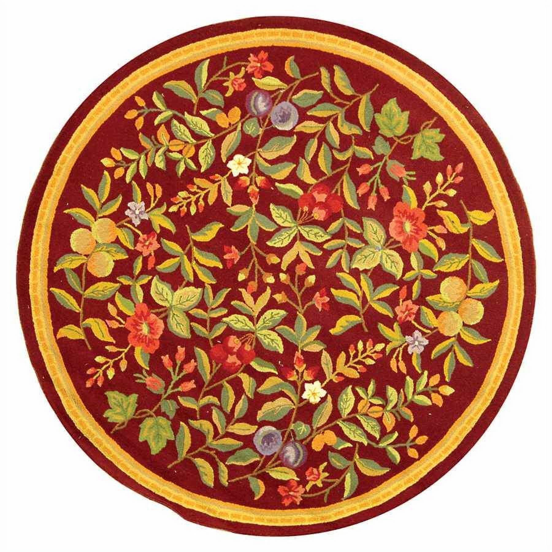 Handmade Burgundy Floral Wool Round Area Rug, 5'6"