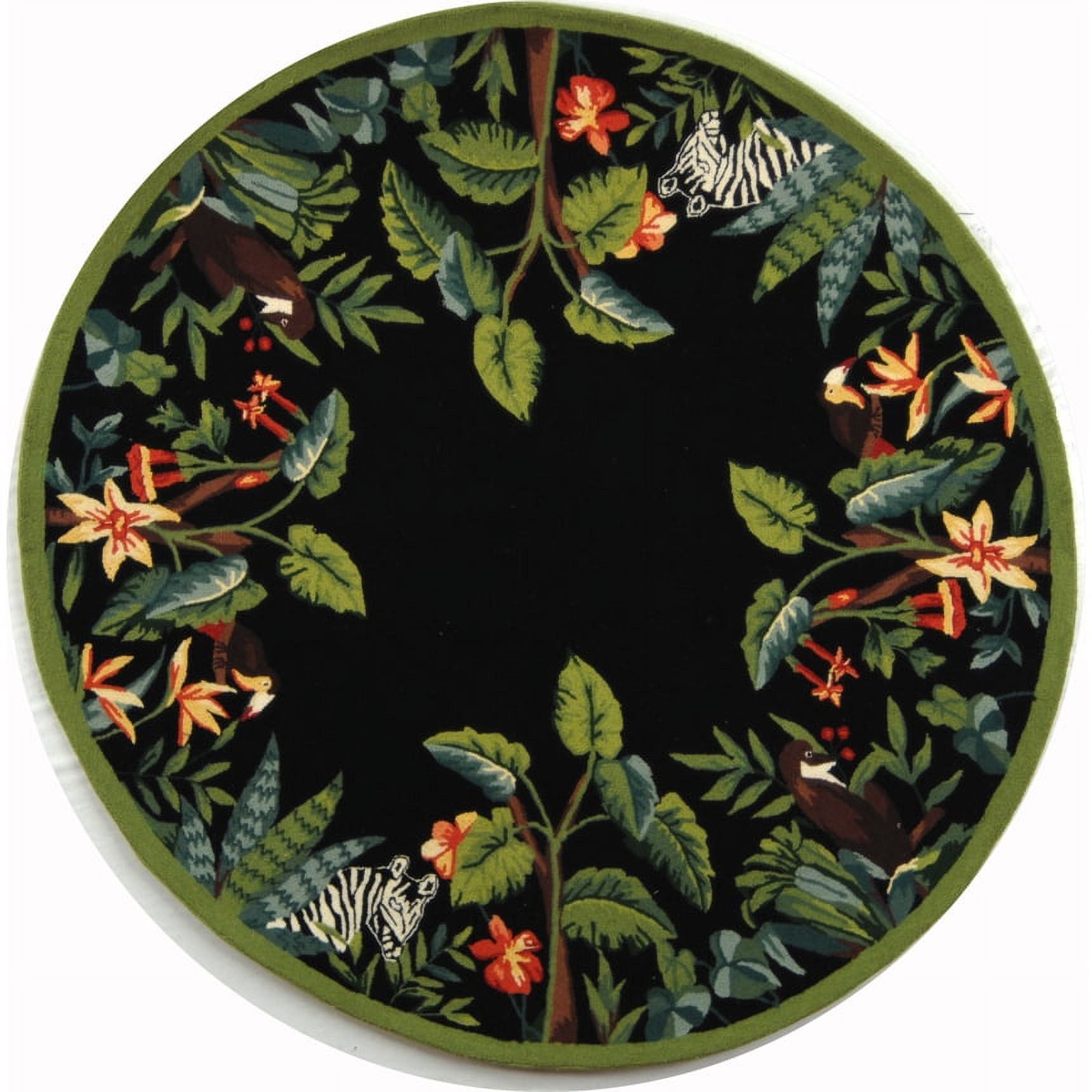 Handmade Black and Green Floral Wool Round Area Rug, 8' x 8'