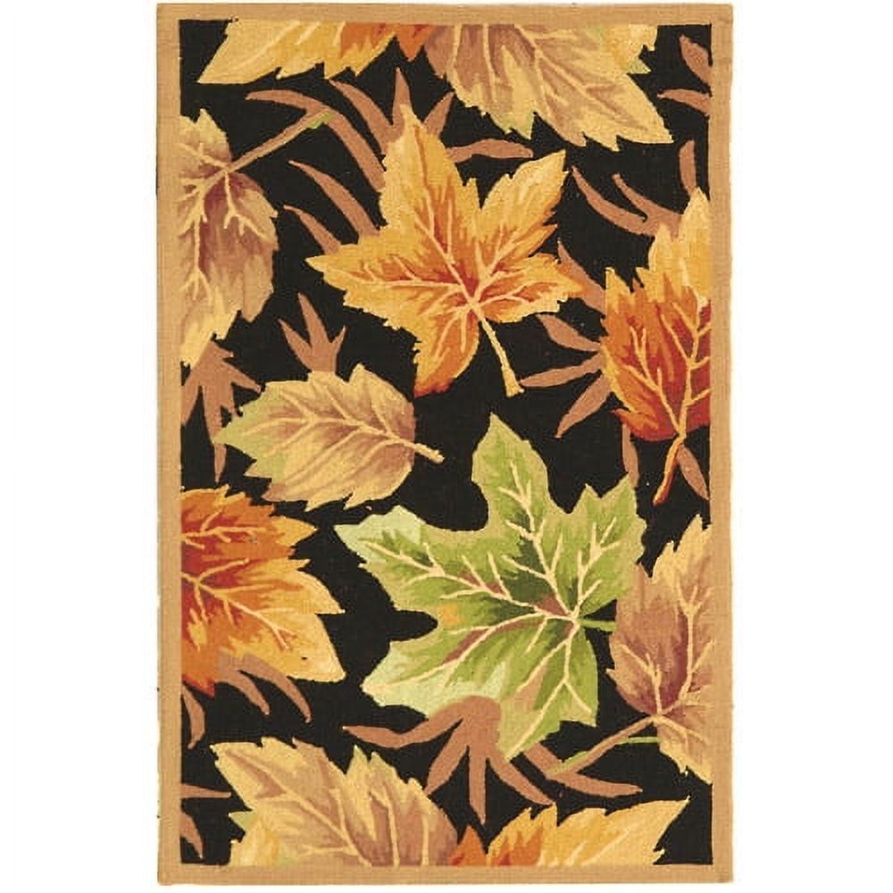 Handmade Black Wool Rectangular Area Rug with Autumn Leaf Design