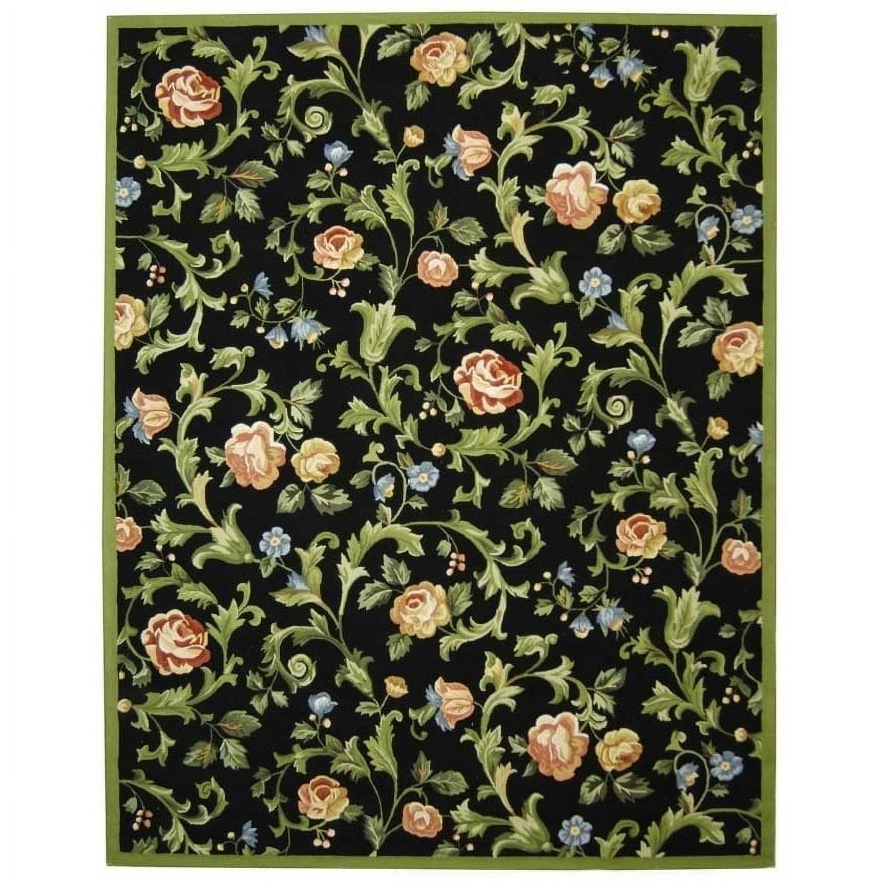 Handmade Black Floral Wool Area Rug, 5'3" x 8'3"